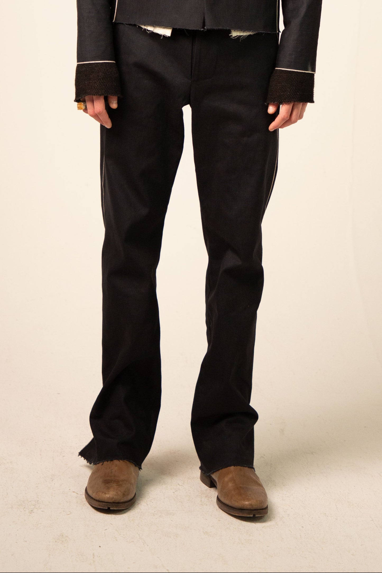 Off Black Cotton Selvedge Line Trousers