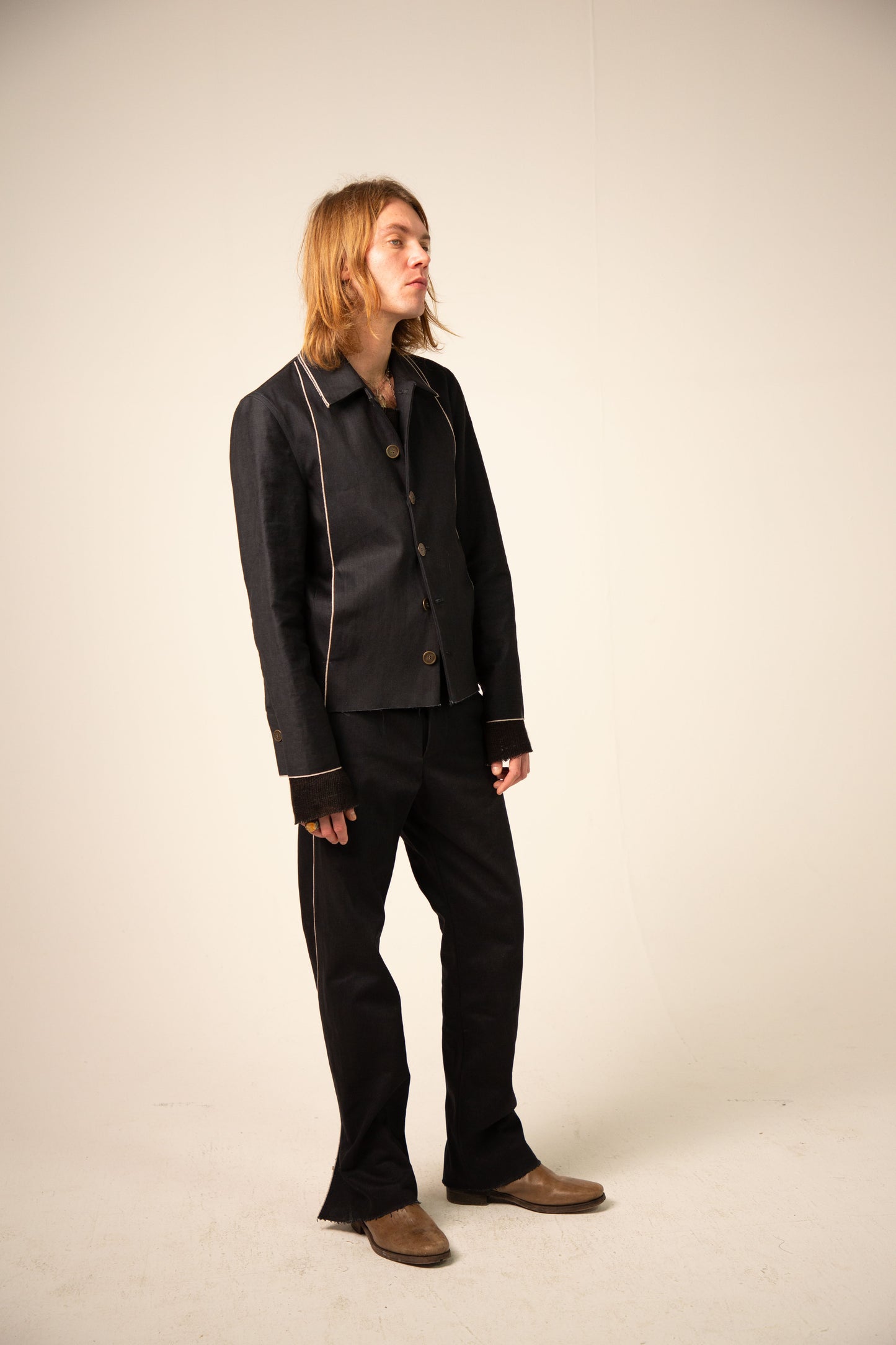 Off Black Cotton Selvedge 5-Button Collared Jacket