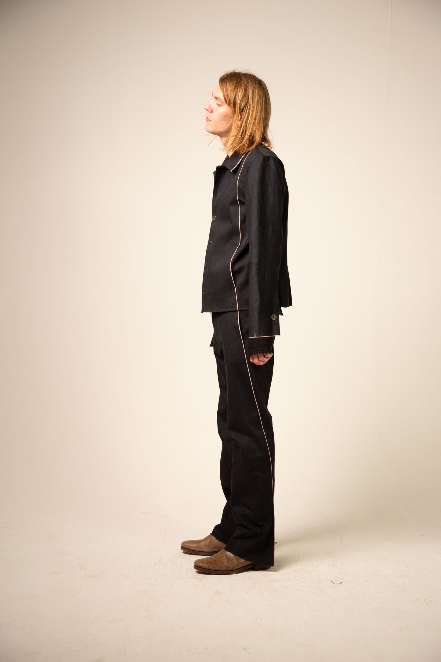 Off Black Cotton Selvedge 5-Button Collared Jacket
