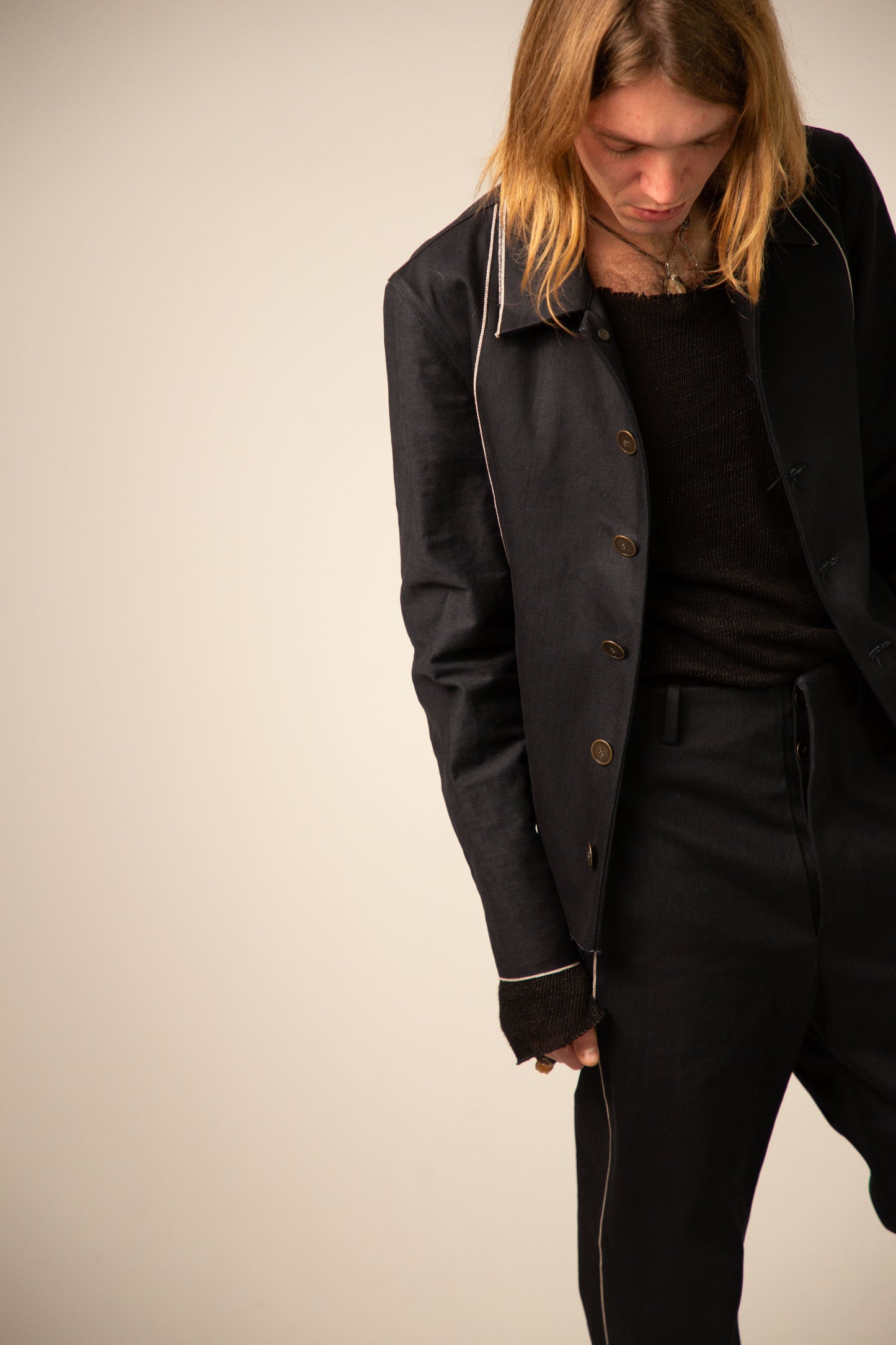 Off Black Cotton Selvedge 5-Button Collared Jacket