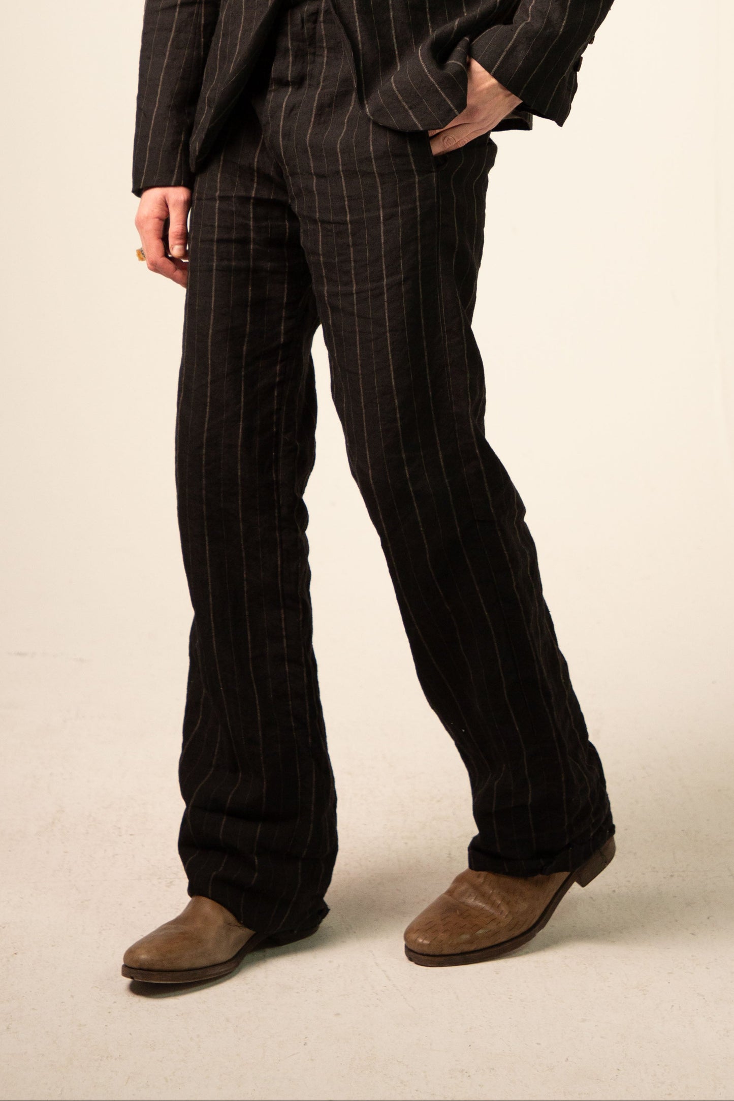 Off Black Linen Relaxed Straight Leg Trousers