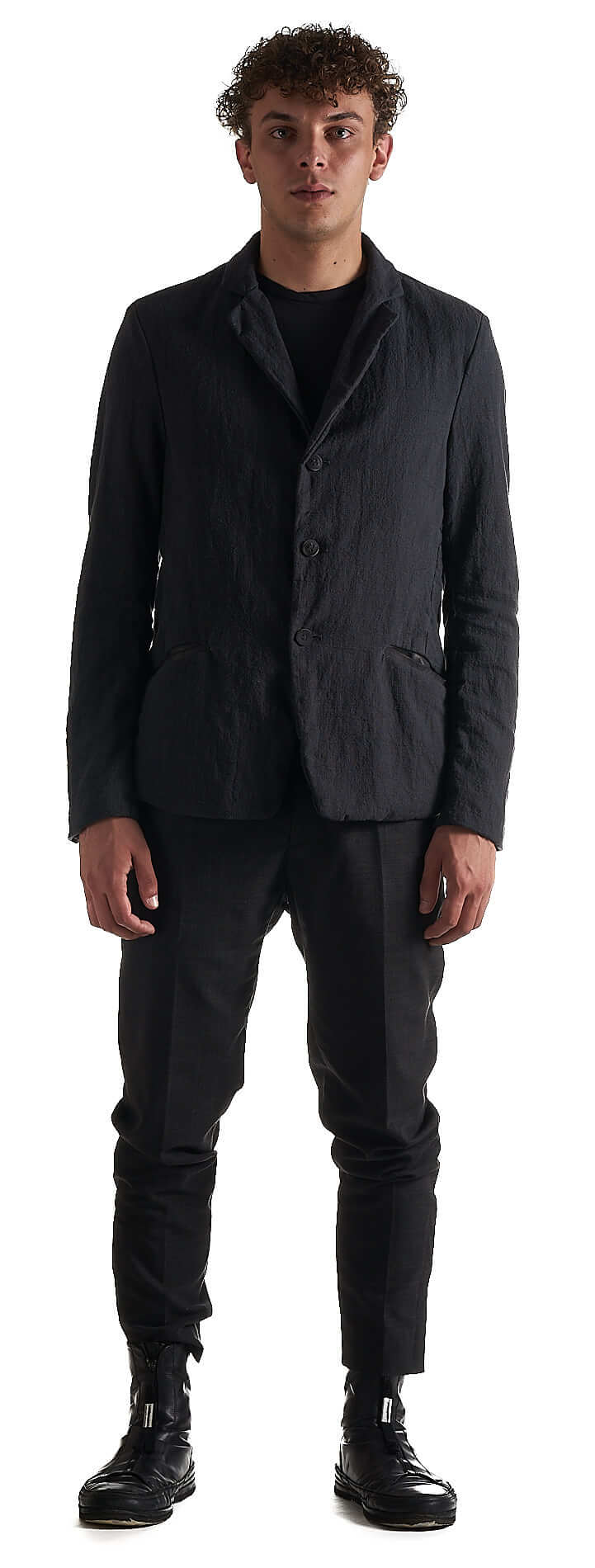 Black Indigo Cotton Linen with Leather Trim 3-Button Short Soft Blazer