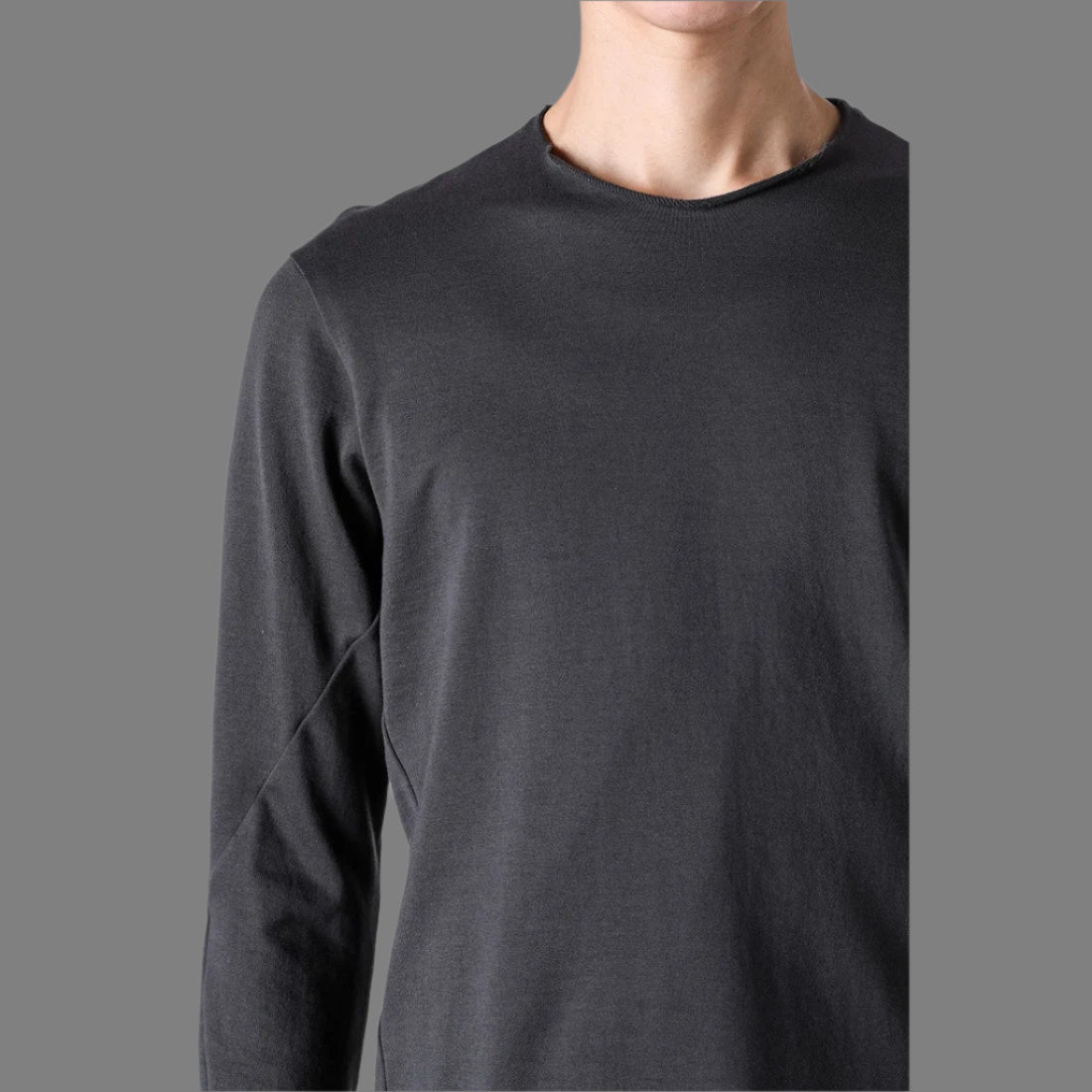 Charcoal Raw Edge Crewneck Raglan Cotton T-shirt