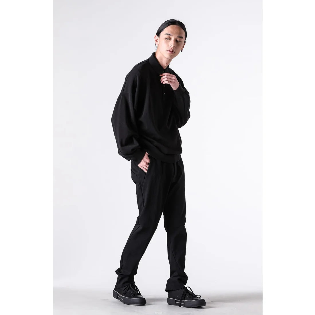 Black Thick Cotton Drawstring Waist Slim Pants