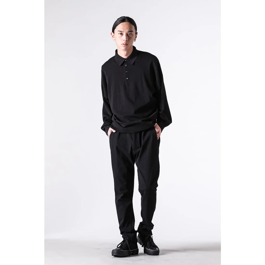Black Thick Cotton Drawstring Waist Slim Pants