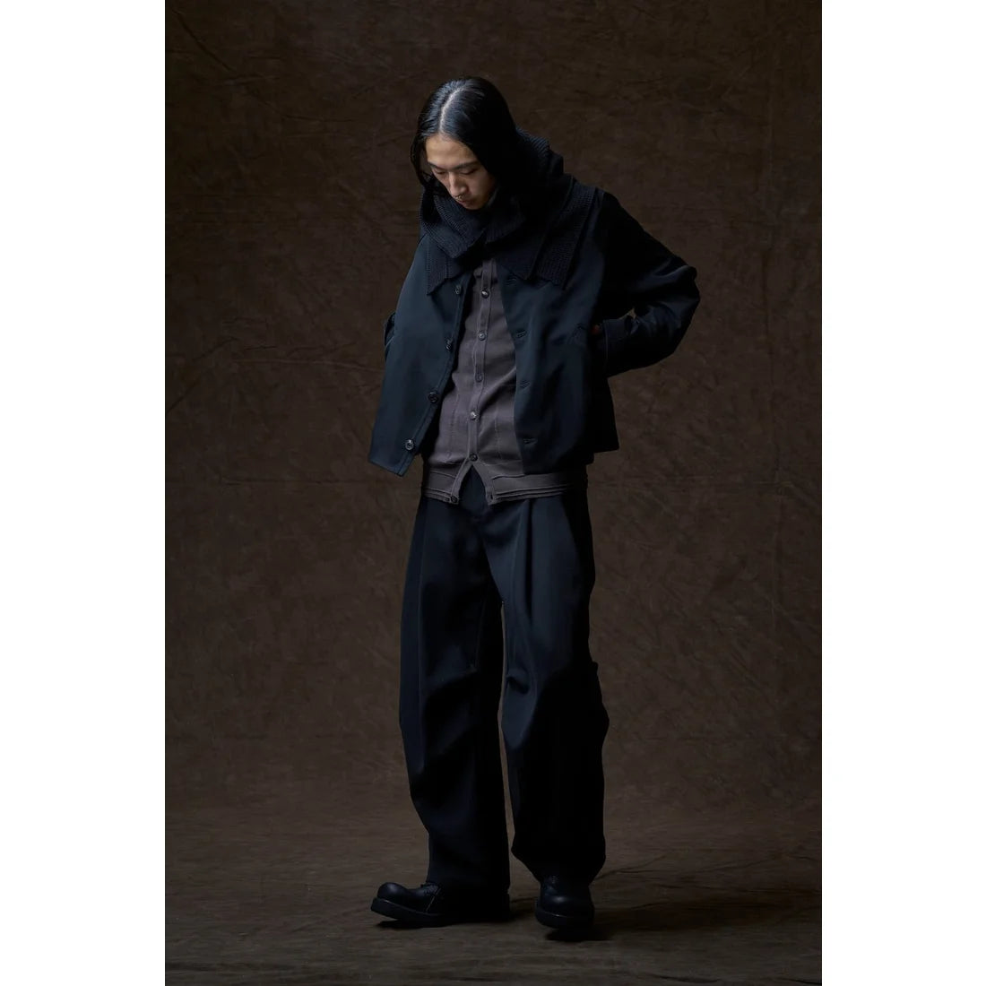 Black Oversized Collared Raglan Shoulder Button Jacket