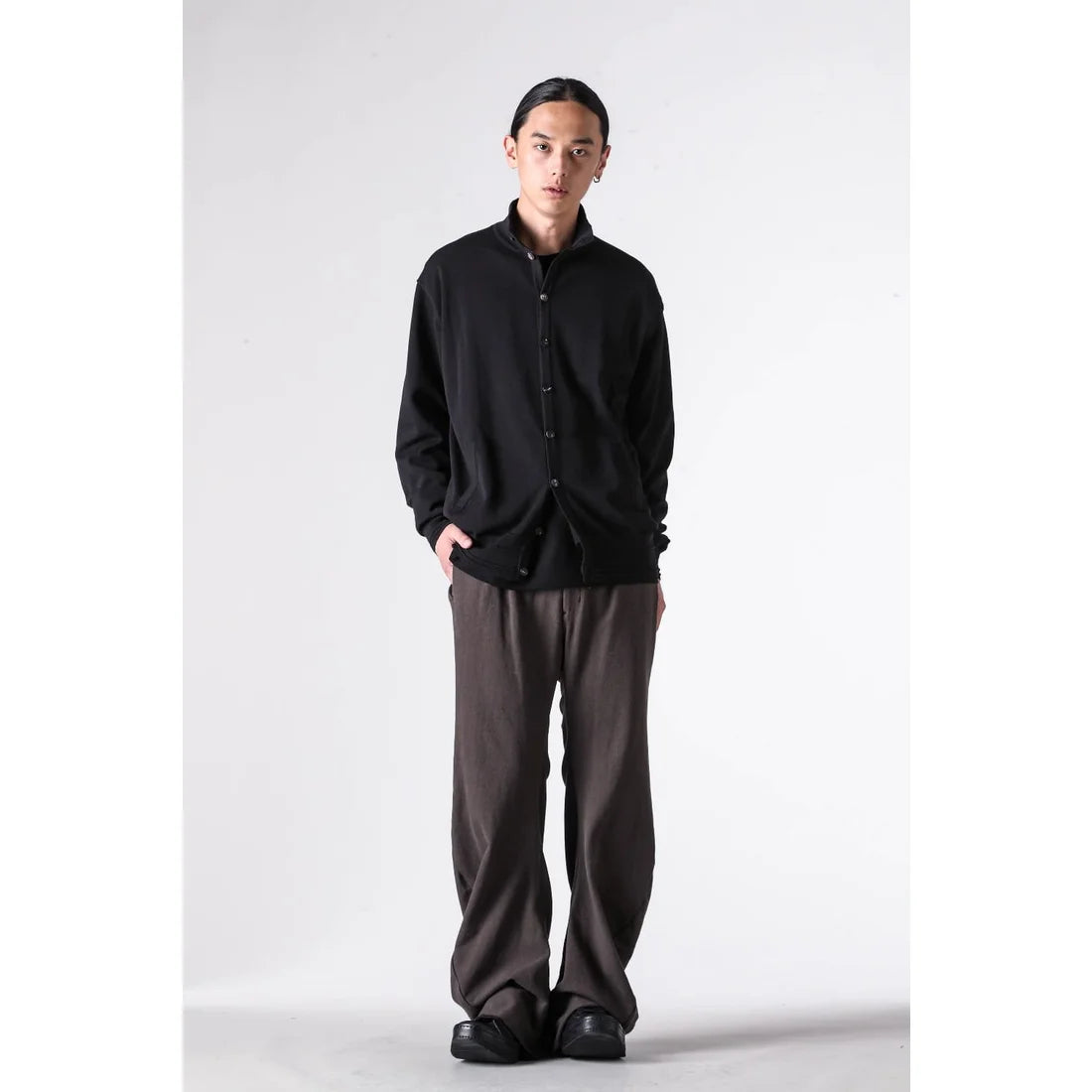 Black High Collar Knit Cardigan Shirt