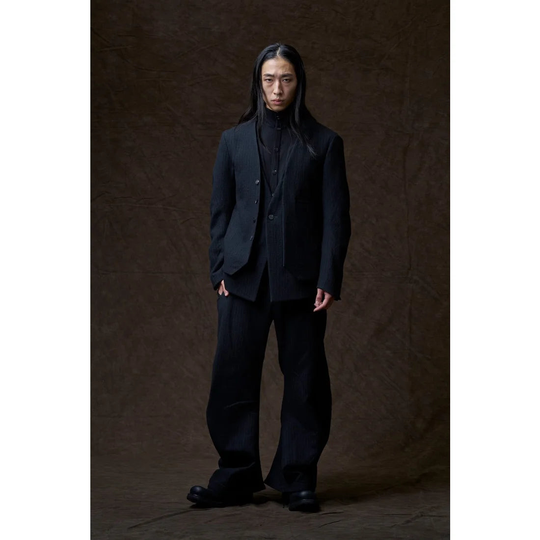 Black High Collar Knit Cardigan Shirt