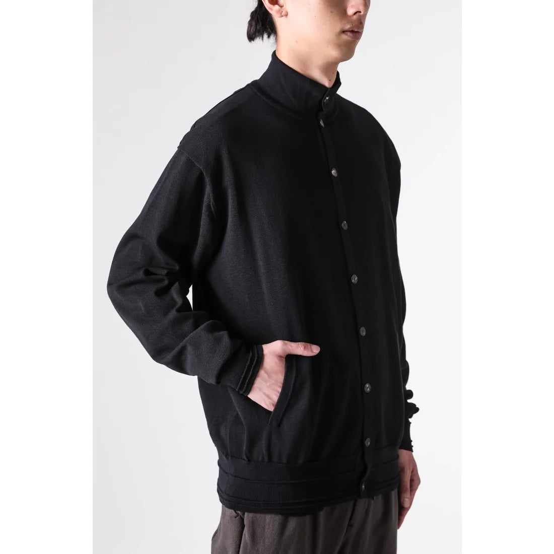 Black High Collar Knit Cardigan Shirt