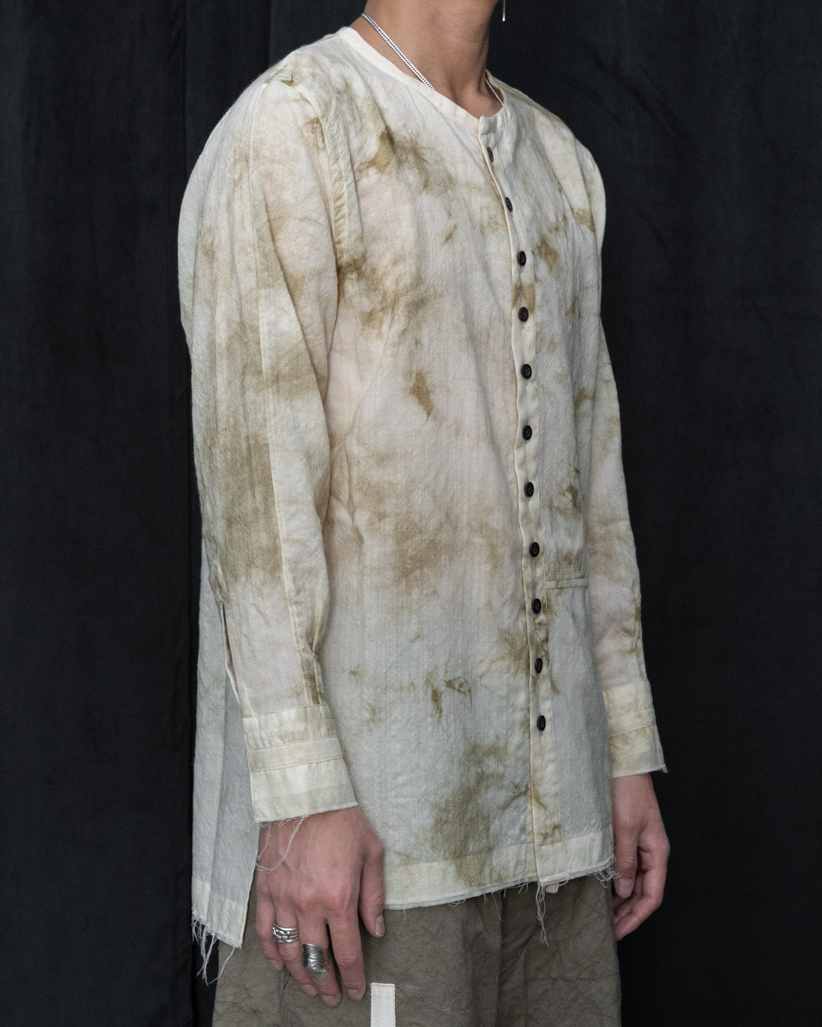 Ecru Wool Collarless Split Raglan Shirt