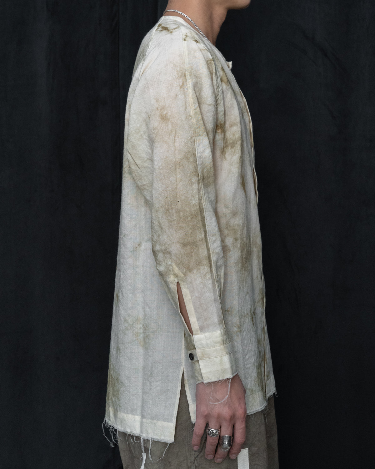 Ecru Wool Collarless Split Raglan Shirt