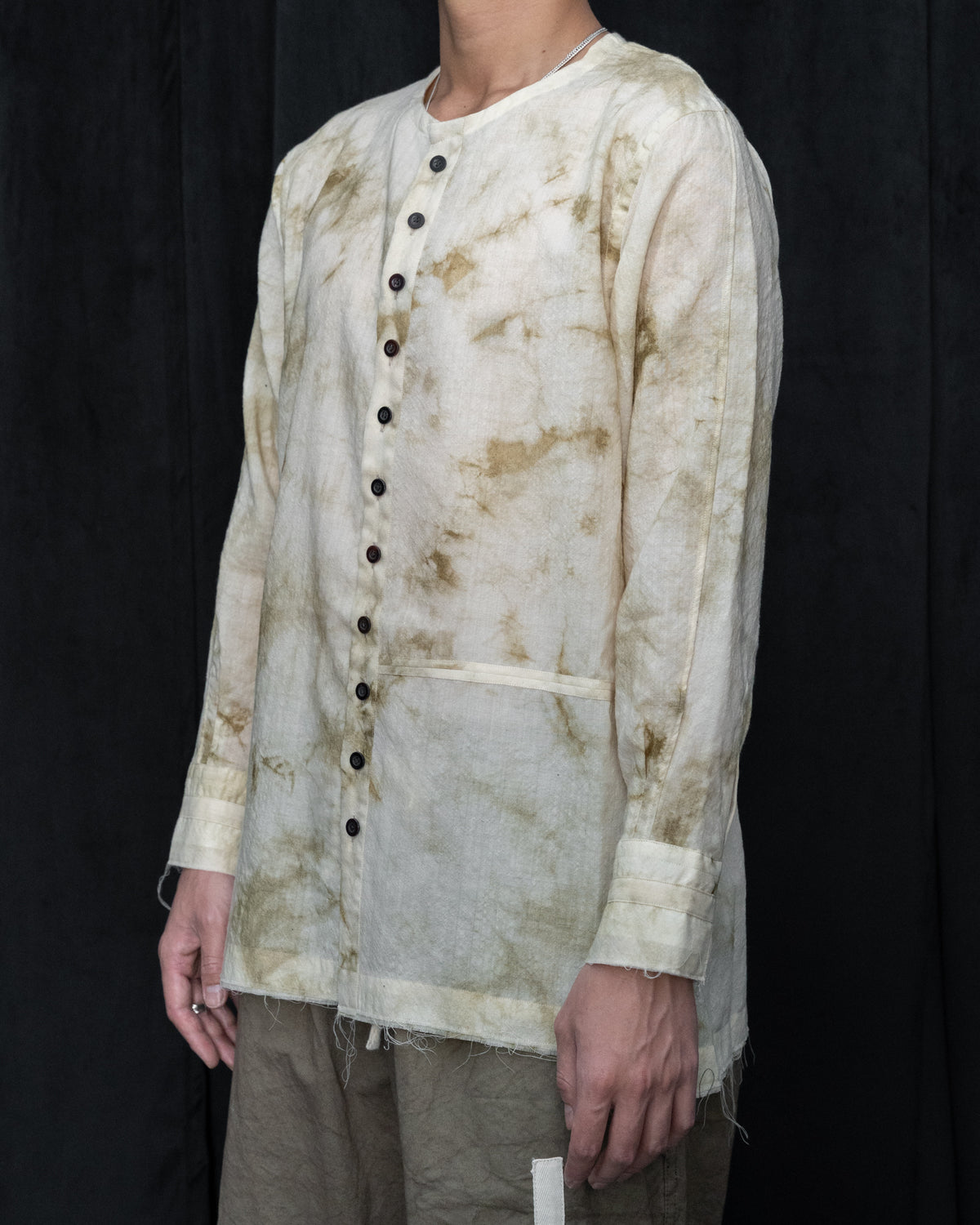 Ecru Wool Collarless Split Raglan Shirt
