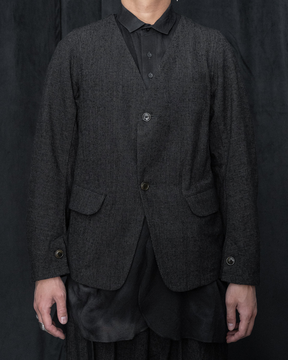 Dark Cacao Nib Silk Wool Collarless Work Jacket