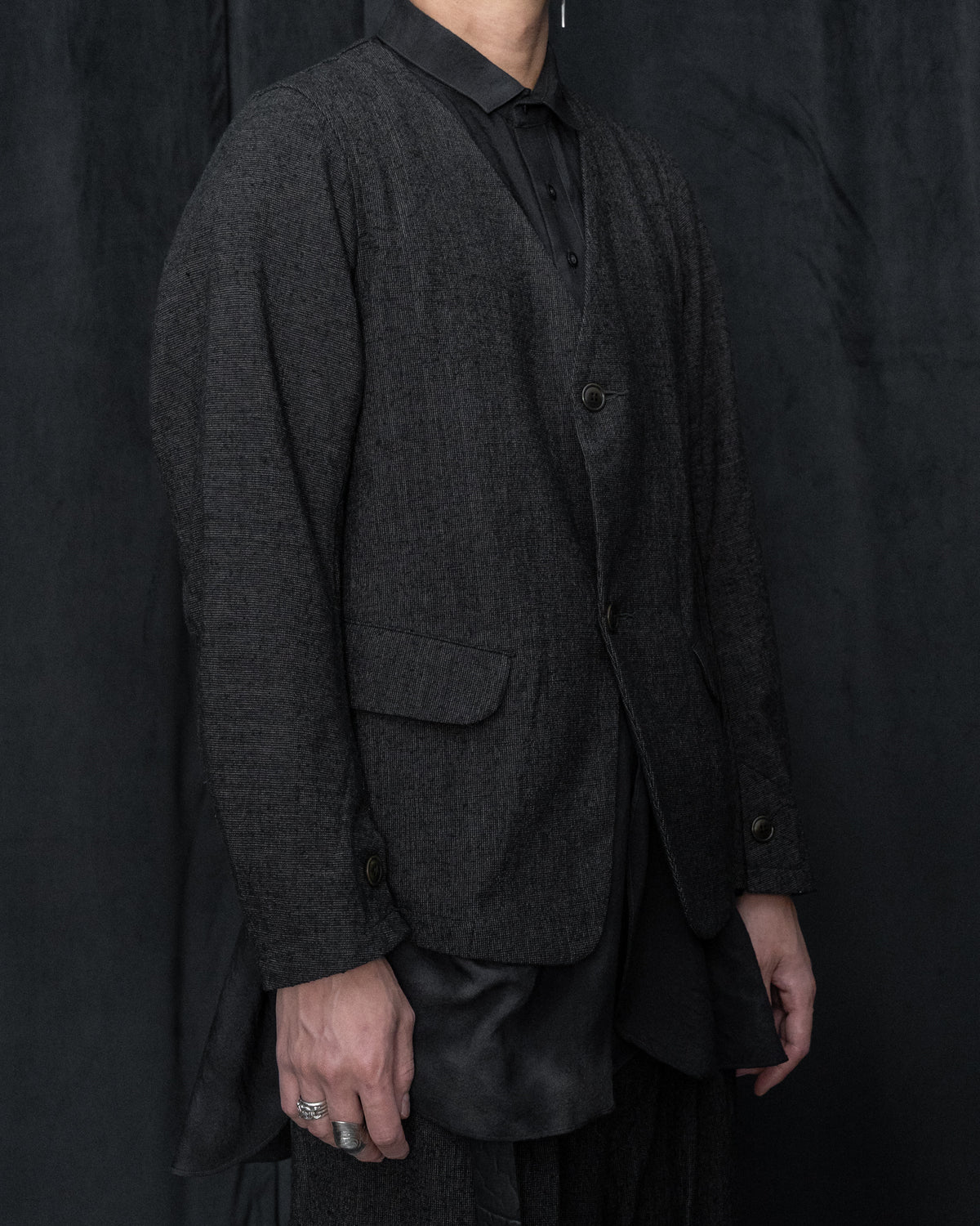 Dark Cacao Nib Silk Wool Collarless Work Jacket