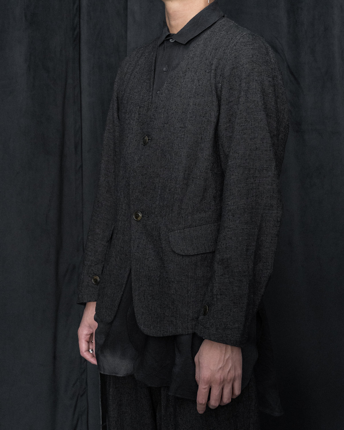 Dark Cacao Nib Silk Wool Collarless Work Jacket