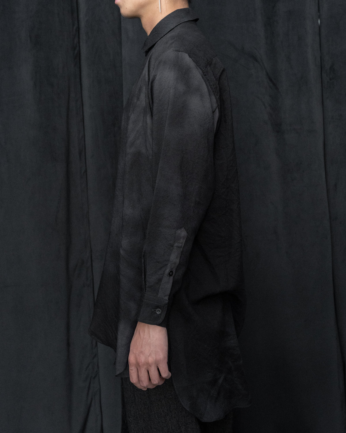 Black Grey Wool Short Collared Long Shirt