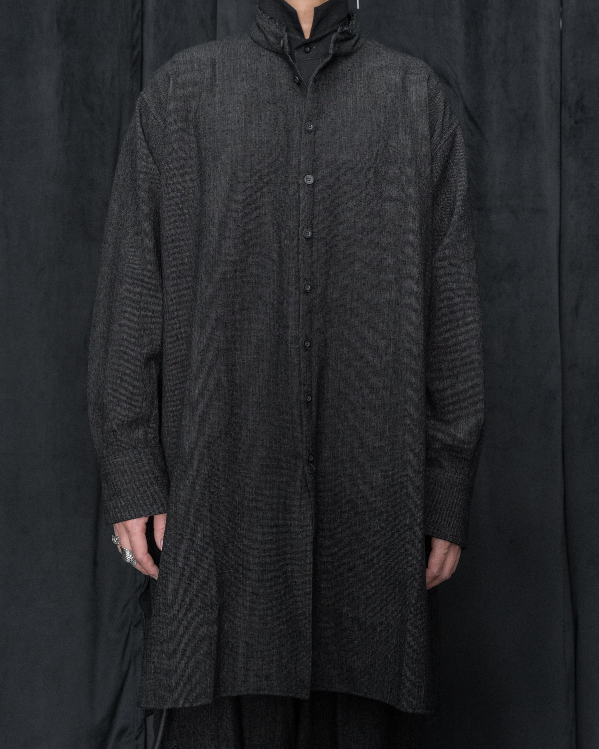 Dark Cocoa Nib Silk Wool Stand Collar Long Tail Shirt