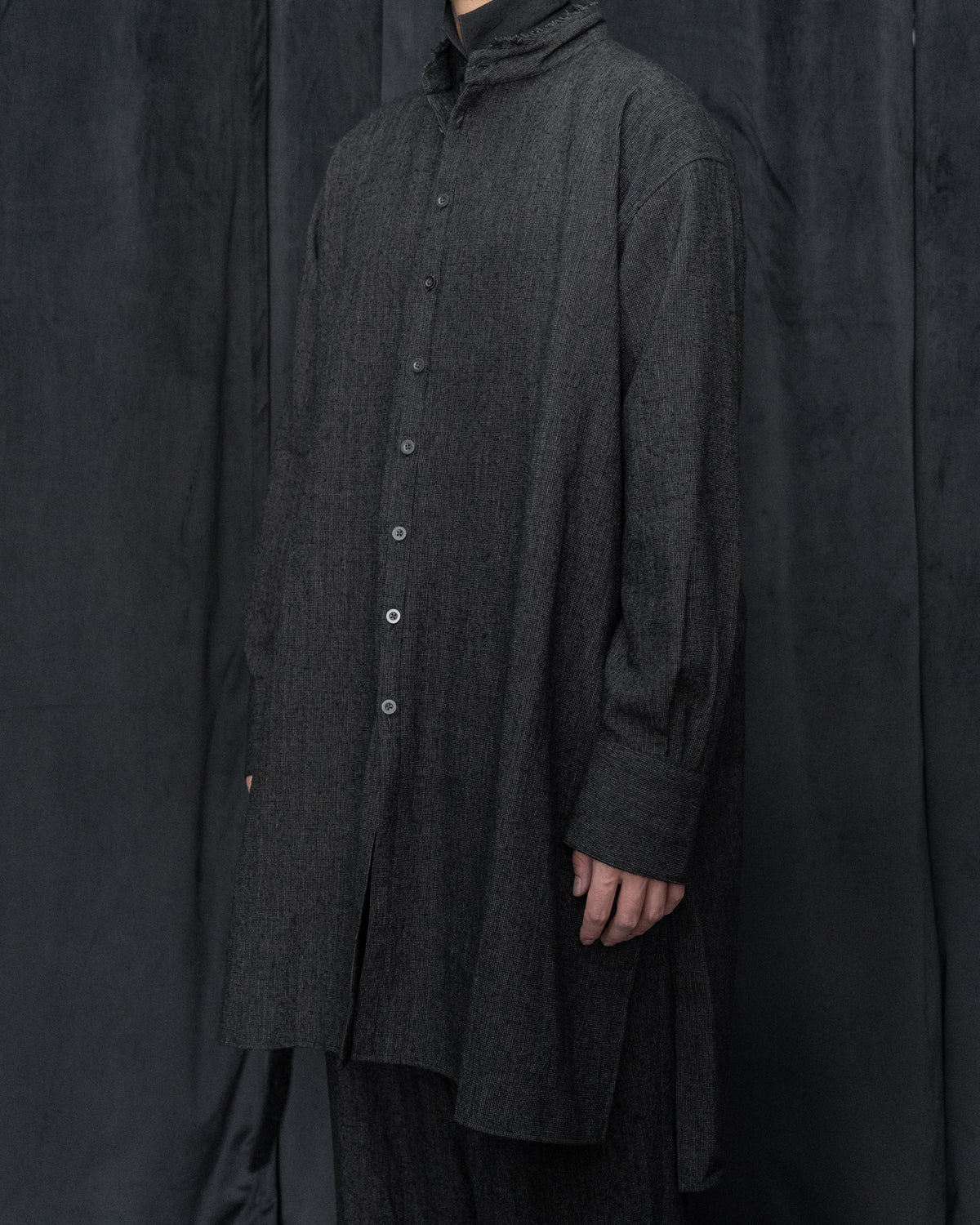 Dark Cocoa Nib Silk Wool Stand Collar Long Tail Shirt