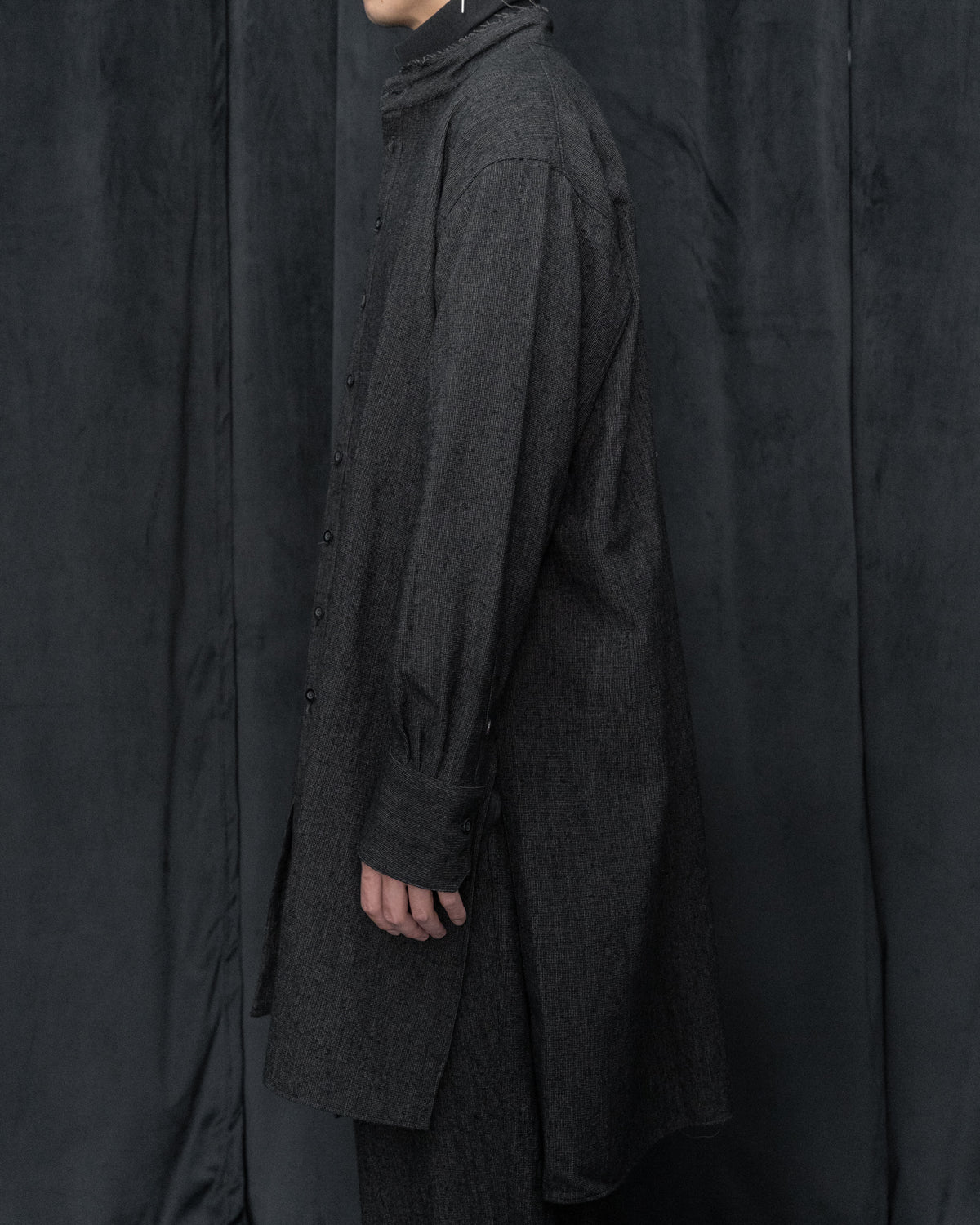 Dark Cocoa Nib Silk Wool Stand Collar Long Tail Shirt