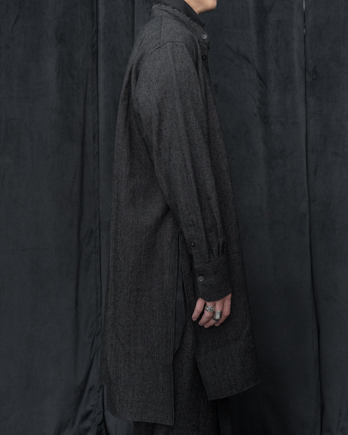 Dark Cocoa Nib Silk Wool Stand Collar Long Tail Shirt