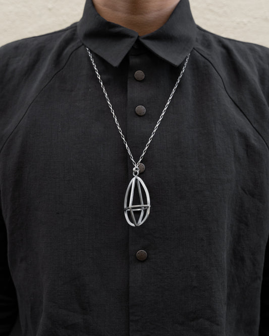 Drop Shaped Empty Cage Silver Pendant Necklace