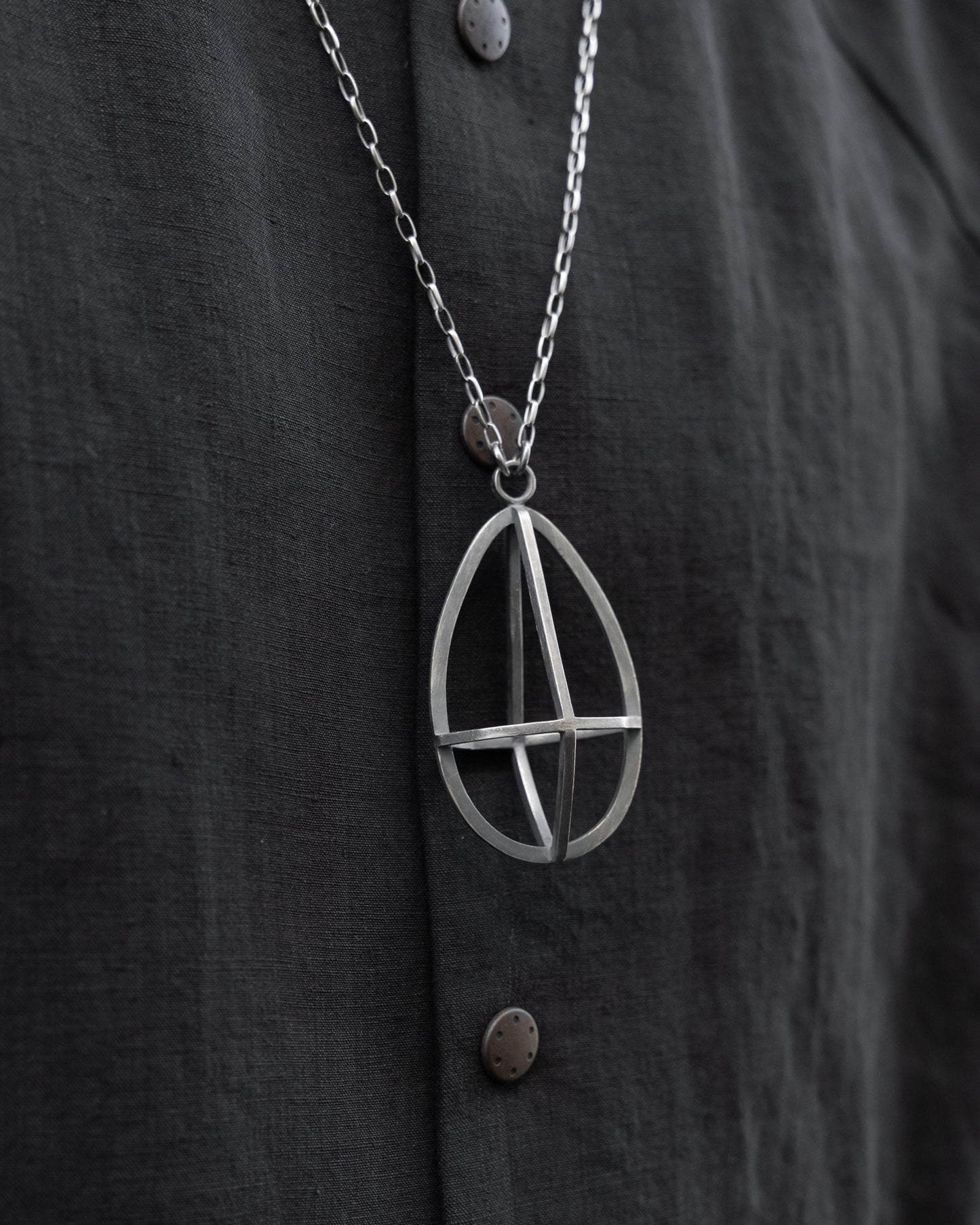 Drop Shaped Empty Cage Silver Pendant Necklace