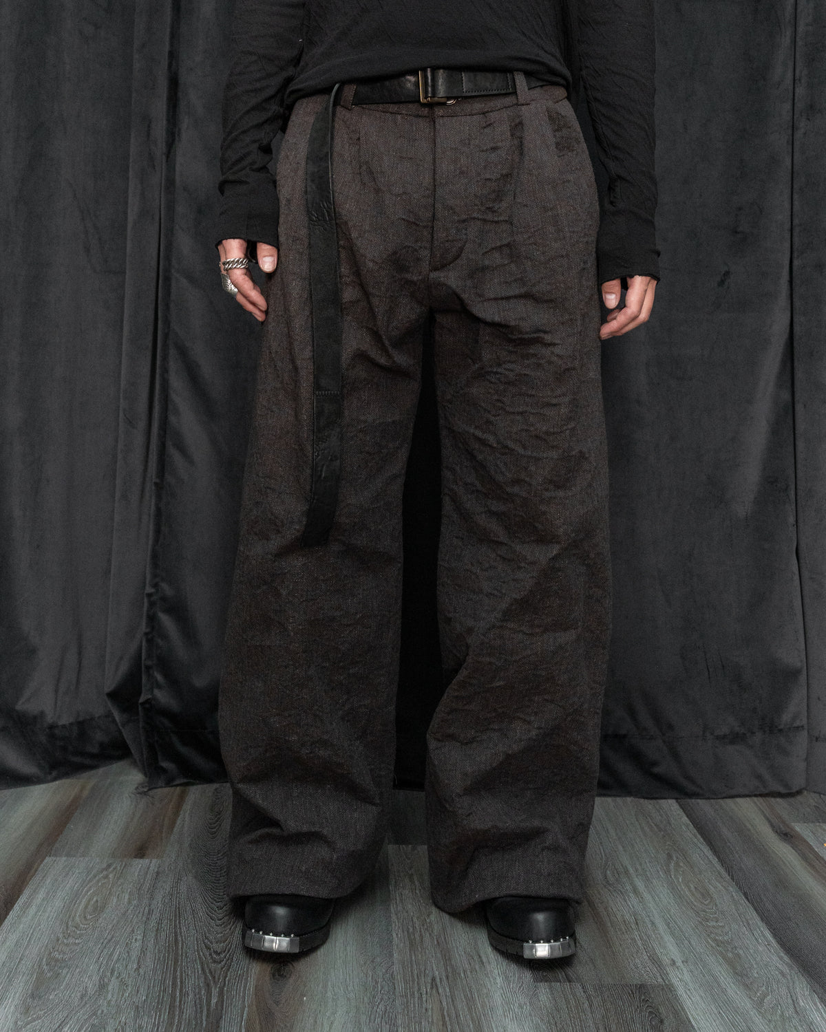Dark Brown Metalized Wool Pleated Wide Leg Trousers