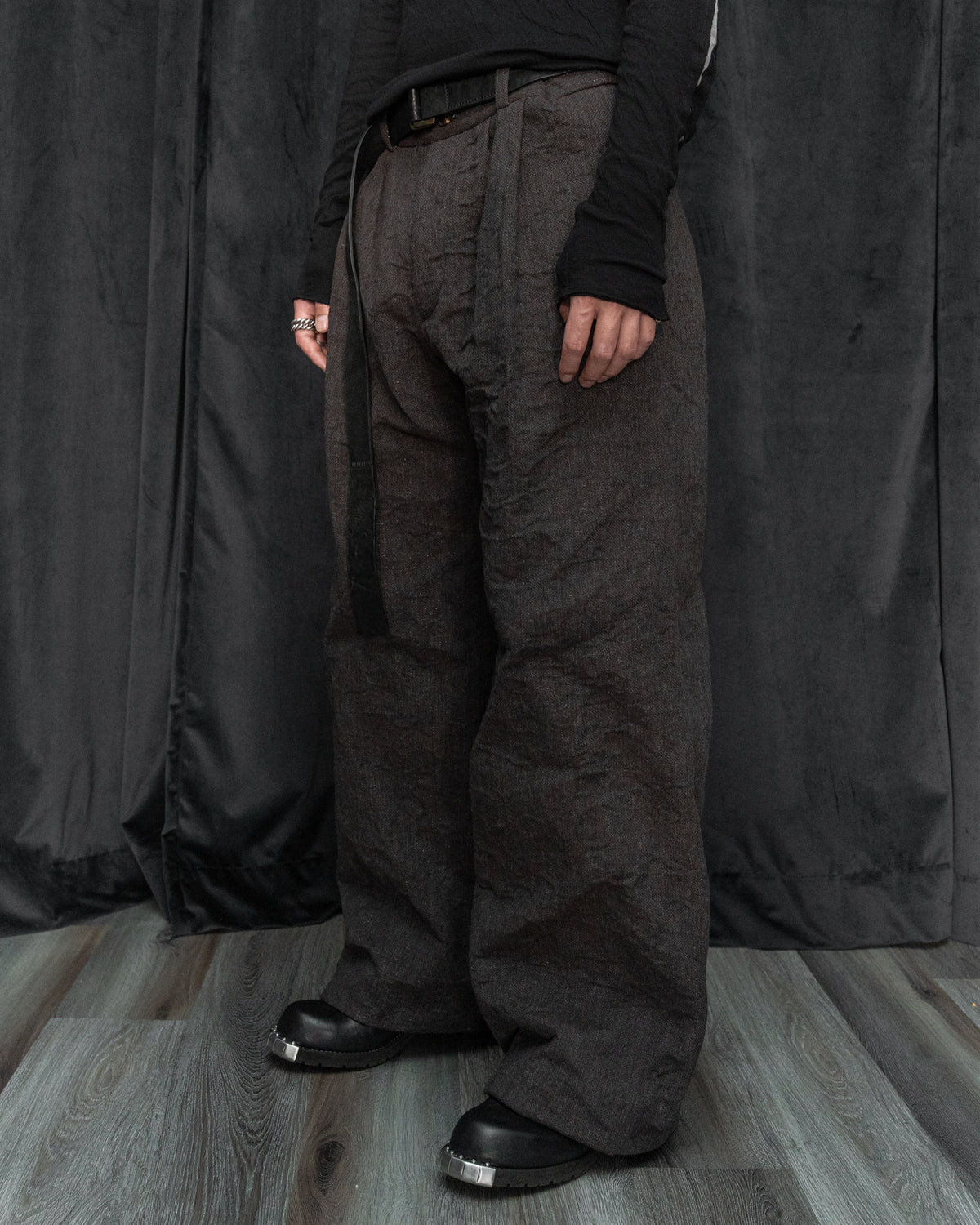 Dark Brown Metalized Wool Pleated Wide Leg Trousers