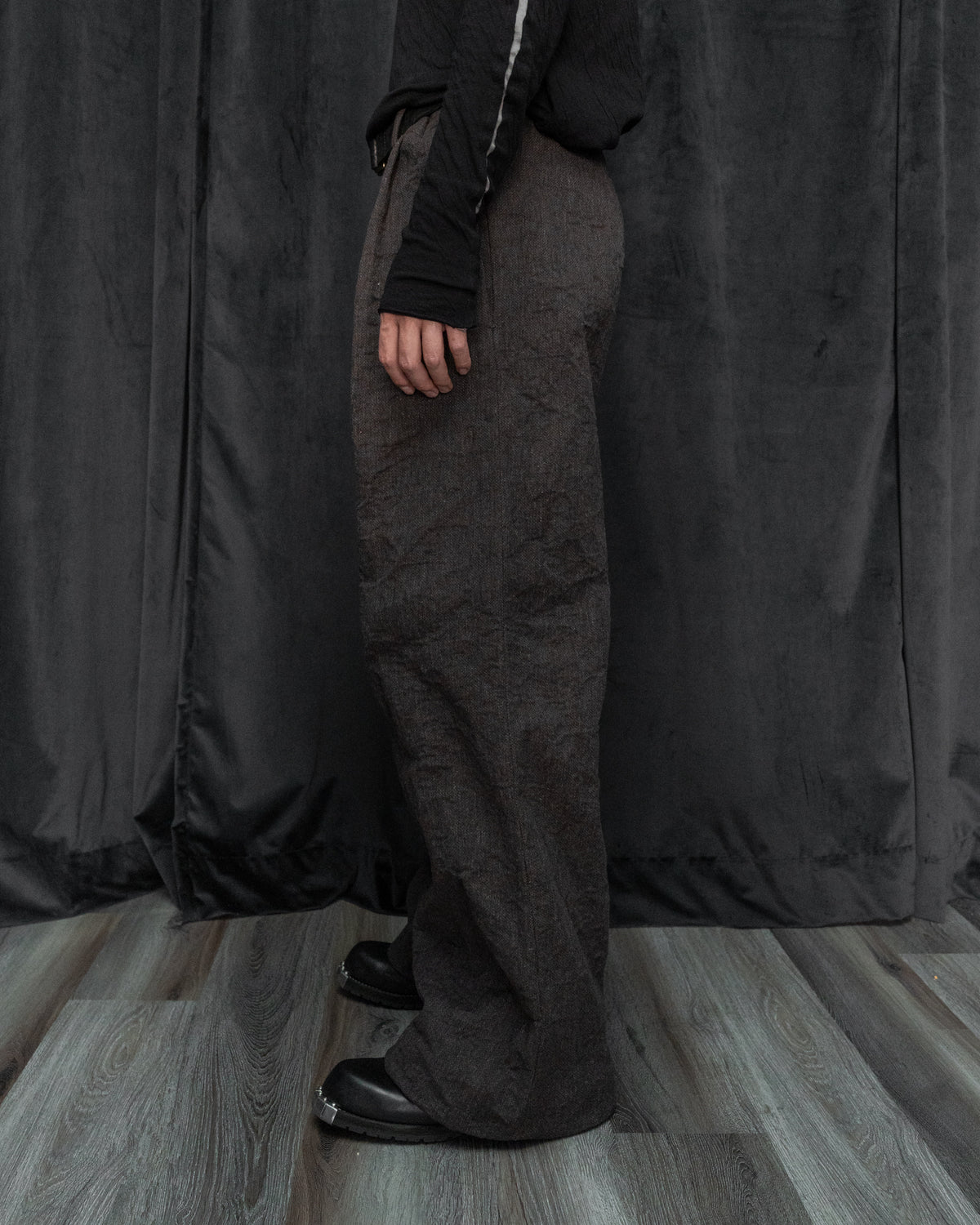 Dark Brown Metalized Wool Pleated Wide Leg Trousers