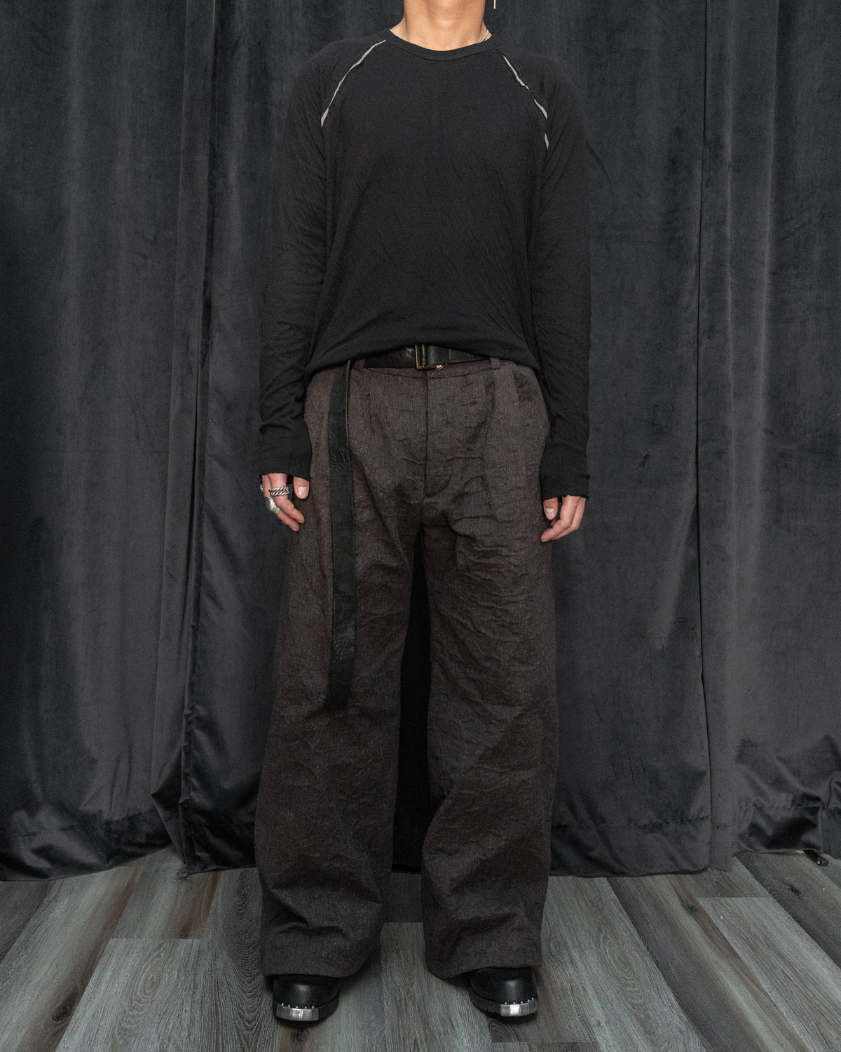 Dark Brown Metalized Wool Pleated Wide Leg Trousers