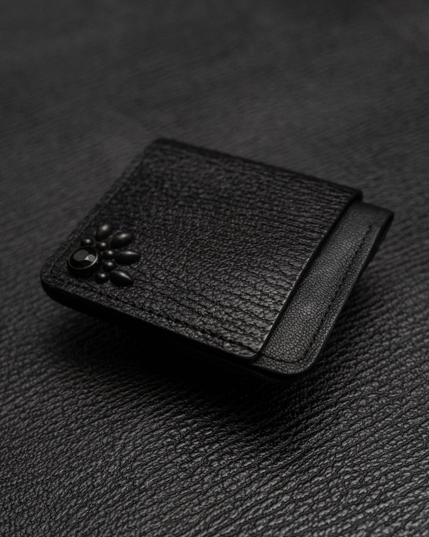 Black Italian Bovine Leather Studded Double Bifold