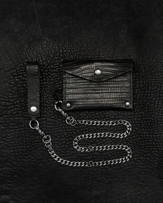 Black Lizard Cadena Card Case with Curb Chain