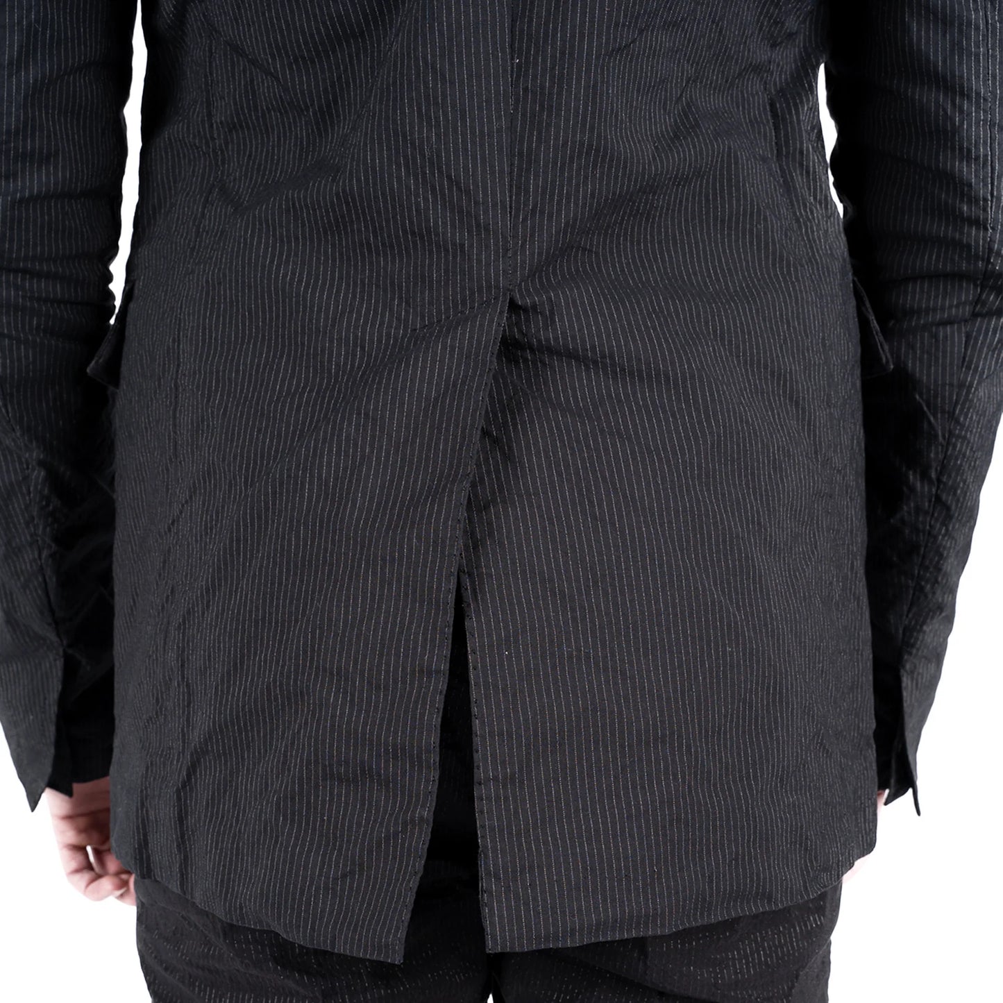 BLACK PINSTRIPE CLASSIC SIKE-LINED SHORT JACKET + SLIM PANTS  SET by DEEPTI BARTH