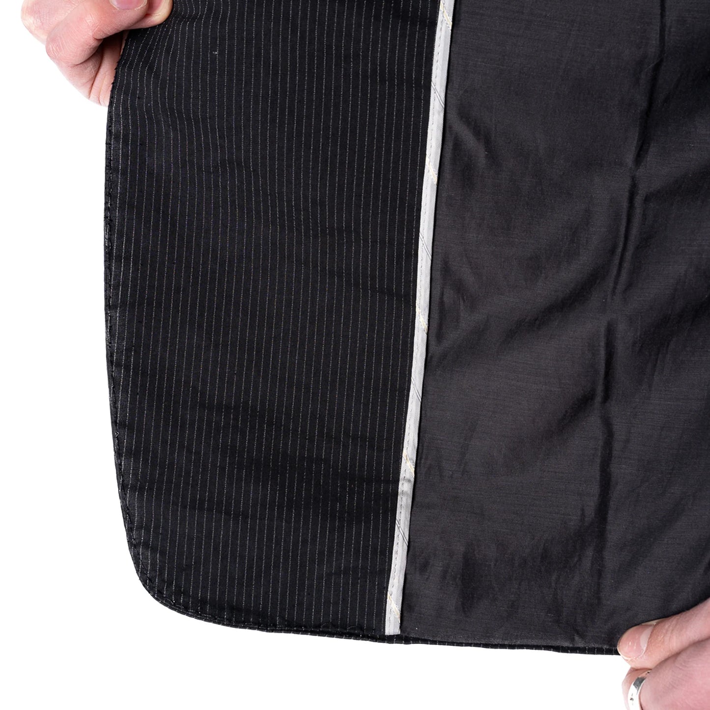 BLACK PINSTRIPE CLASSIC SIKE-LINED SHORT JACKET + SLIM PANTS  SET by DEEPTI BARTH