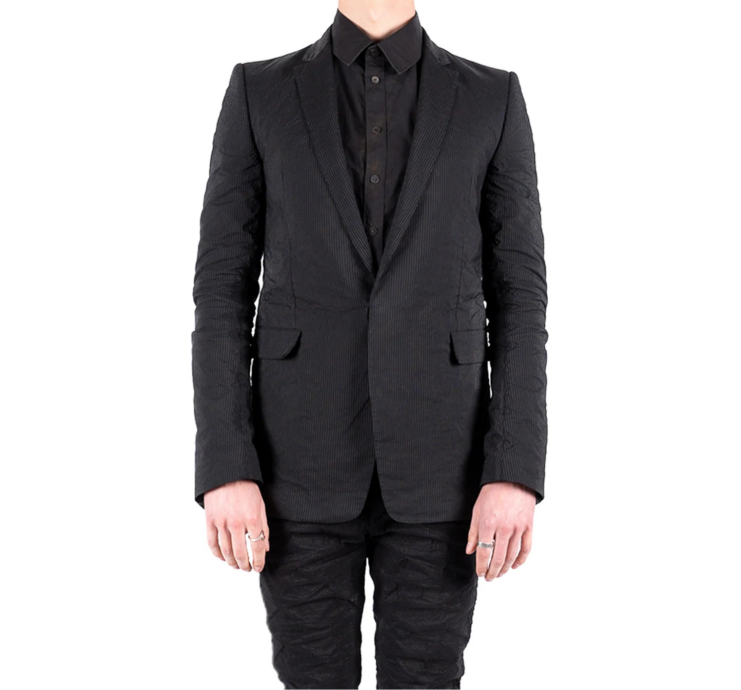 BLACK PINSTRIPE CLASSIC SIKE-LINED SHORT JACKET + SLIM PANTS  SET by DEEPTI BARTH