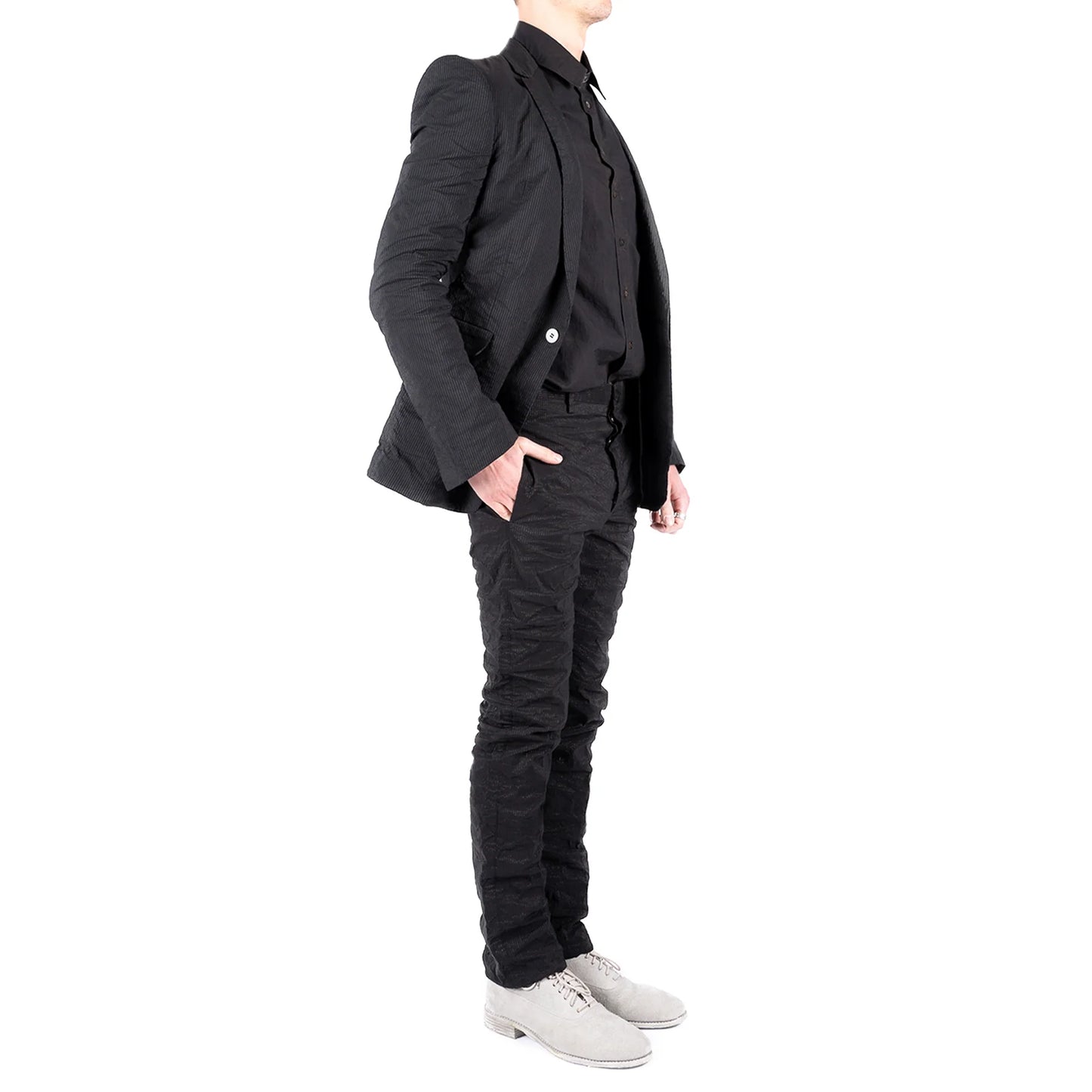 BLACK PINSTRIPE CLASSIC SIKE-LINED SHORT JACKET + SLIM PANTS  SET by DEEPTI BARTH