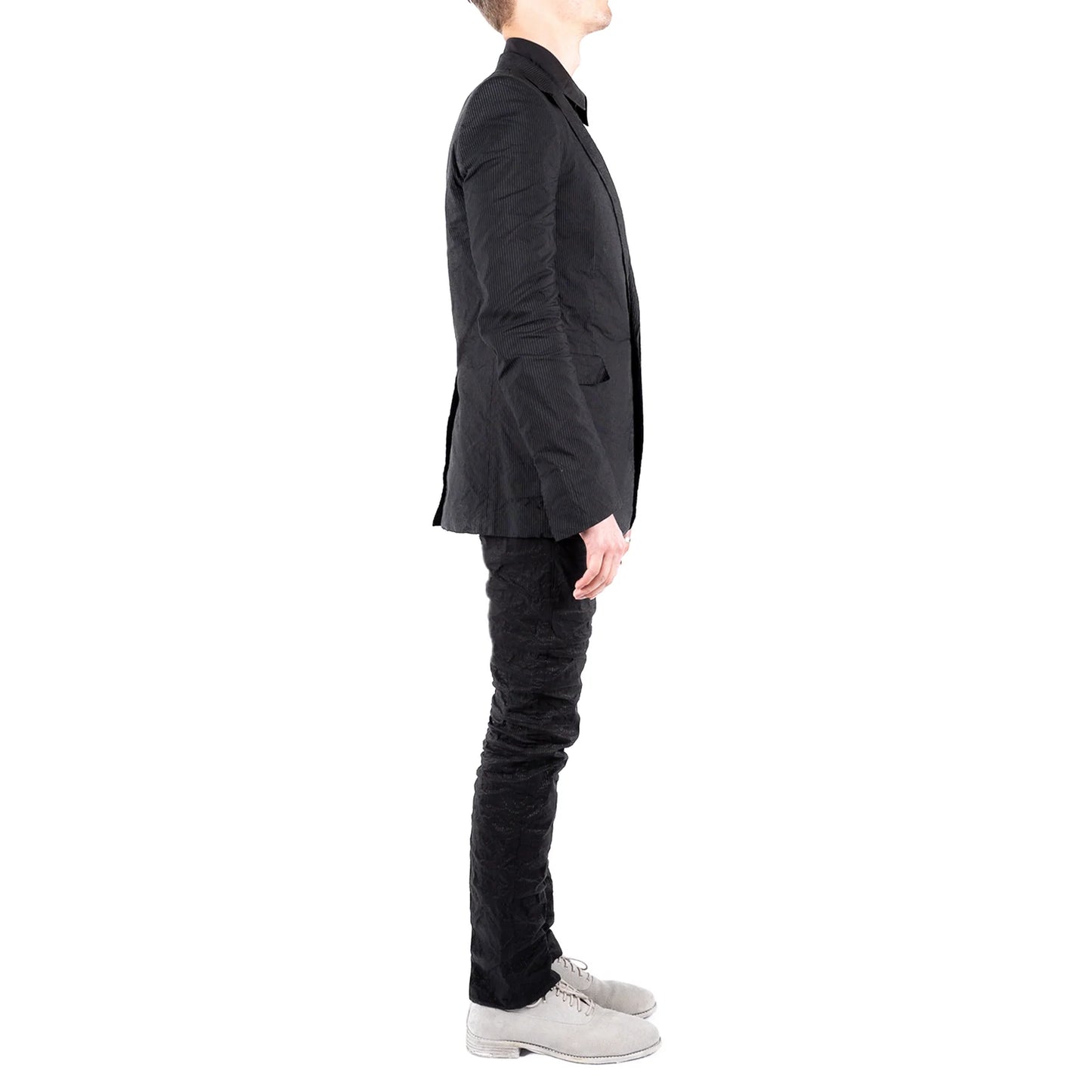 BLACK PINSTRIPE CLASSIC SIKE-LINED SHORT JACKET + SLIM PANTS  SET by DEEPTI BARTH