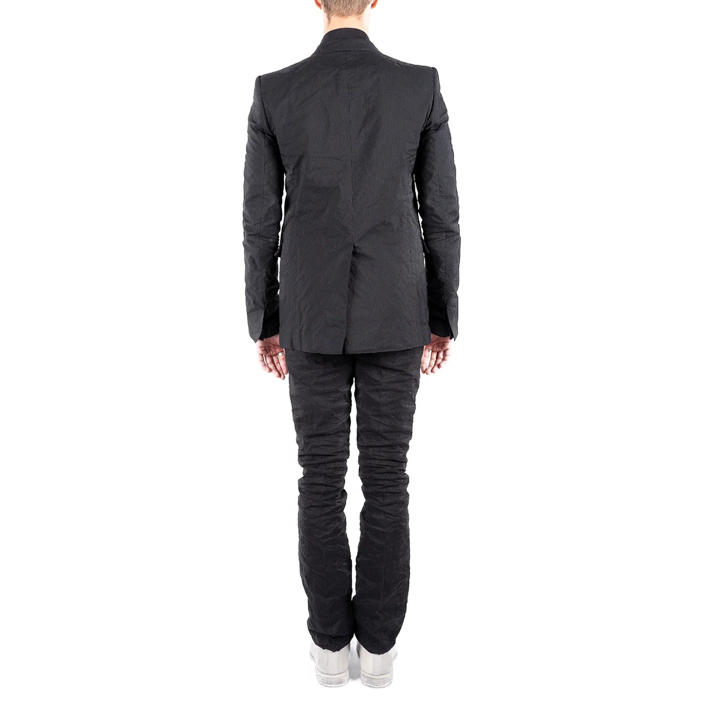 BLACK PINSTRIPE CLASSIC SIKE-LINED SHORT JACKET + SLIM PANTS  SET by DEEPTI BARTH