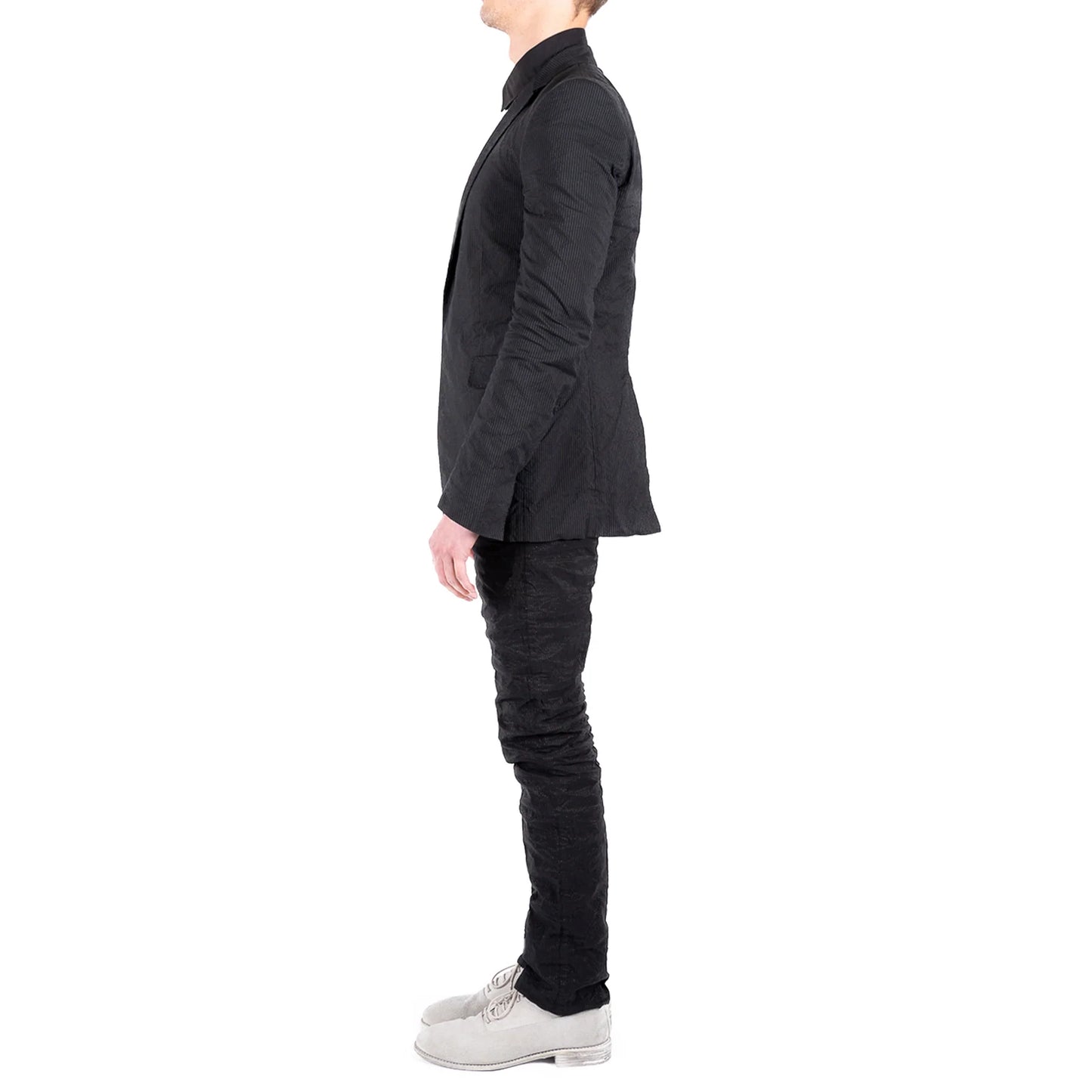 BLACK PINSTRIPE CLASSIC SIKE-LINED SHORT JACKET + SLIM PANTS  SET by DEEPTI BARTH