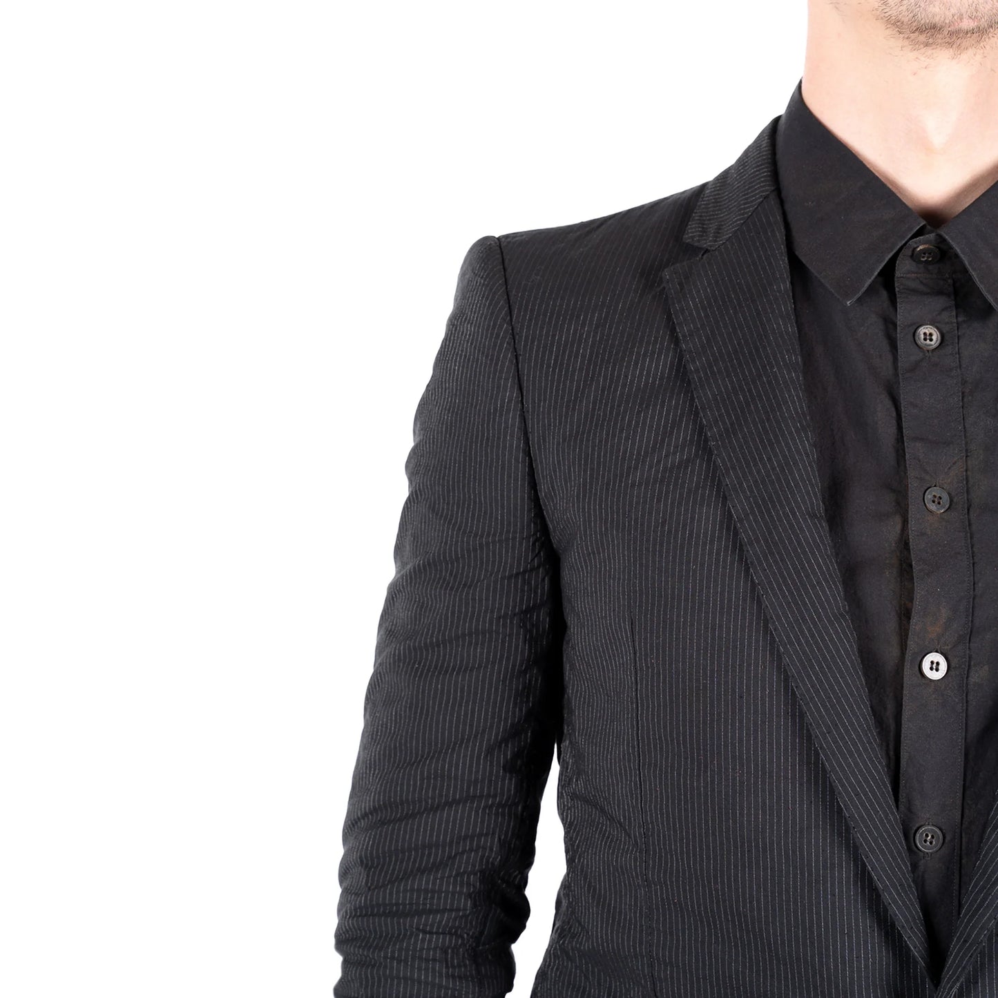 BLACK PINSTRIPE CLASSIC SIKE-LINED SHORT JACKET + SLIM PANTS  SET by DEEPTI BARTH