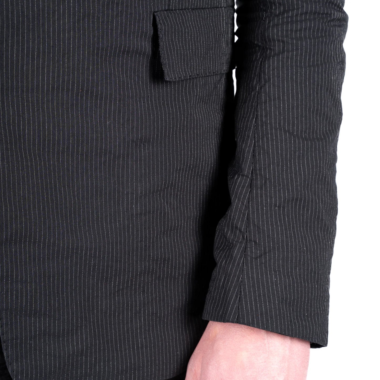 BLACK PINSTRIPE CLASSIC SIKE-LINED SHORT JACKET + SLIM PANTS  SET by DEEPTI BARTH