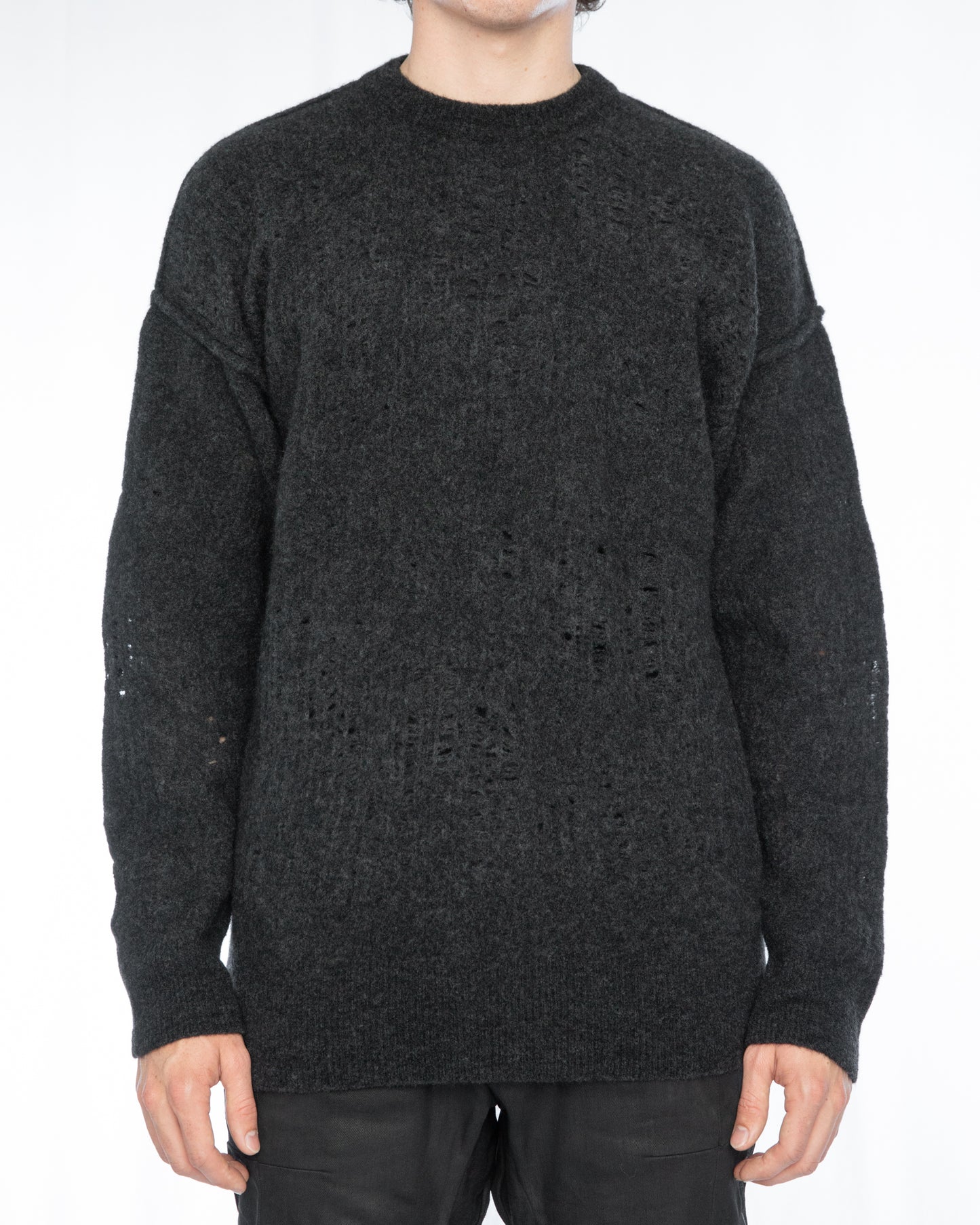 Graphite Destroyed Round Neck Cut Out Details Wool Yak Sweater