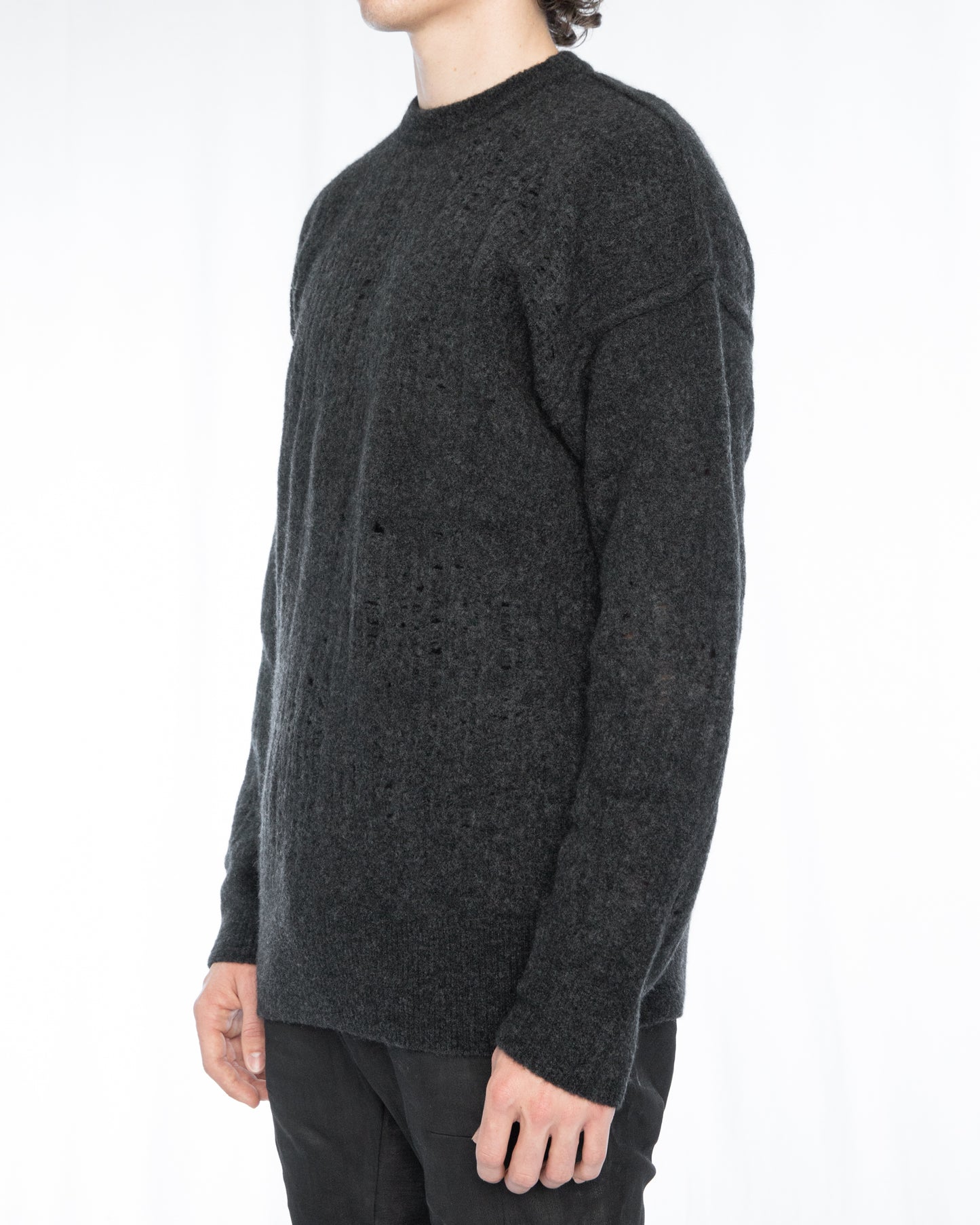 Graphite Destroyed Round Neck Cut Out Details Wool Yak Sweater