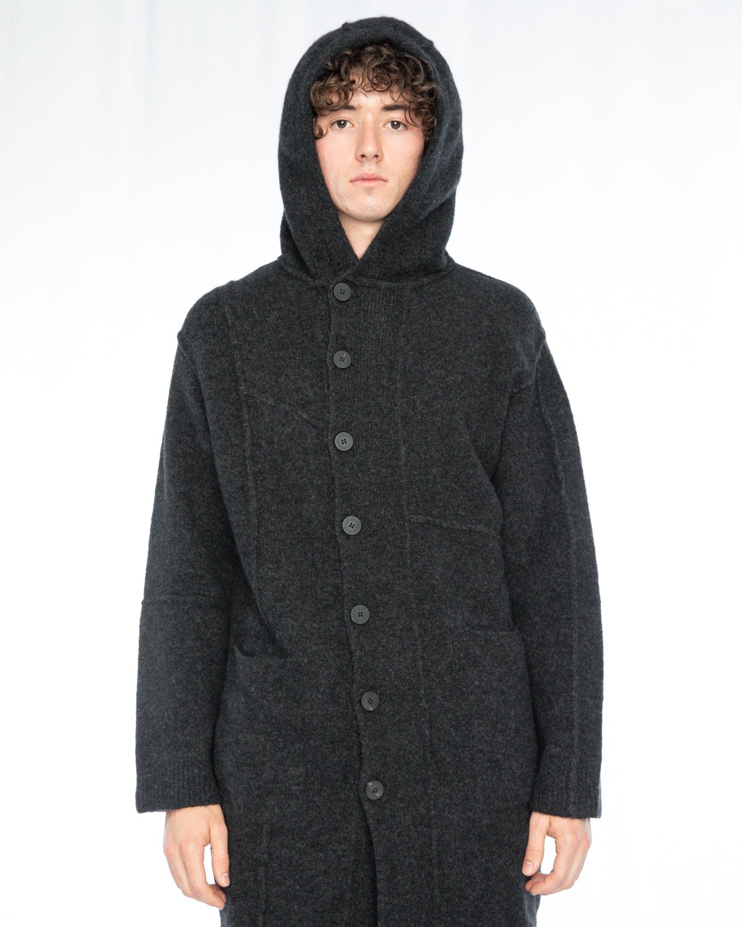 Graphite Patchwork Wool Yak Knit Hooded Coat