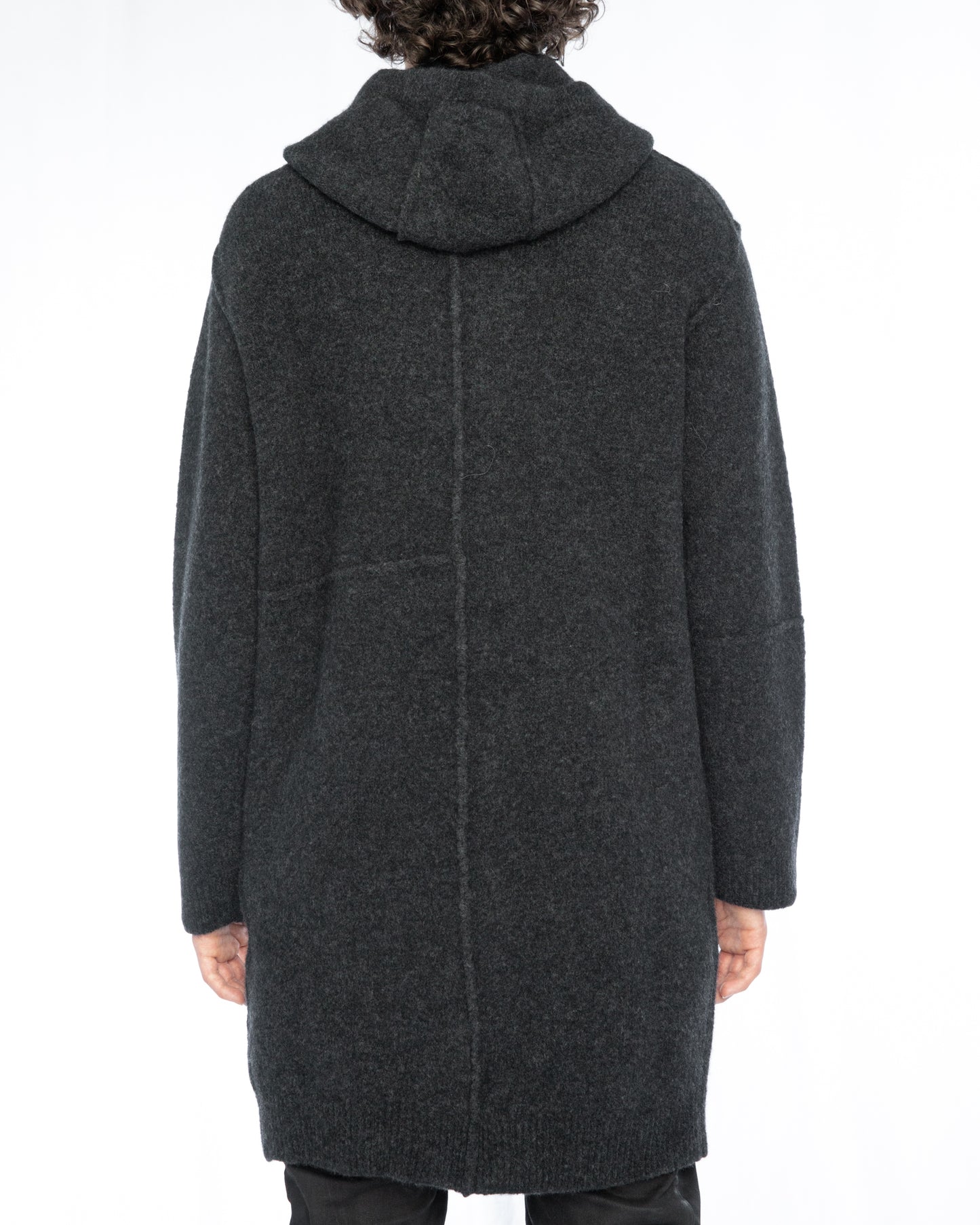 Graphite Patchwork Wool Yak Knit Hooded Coat