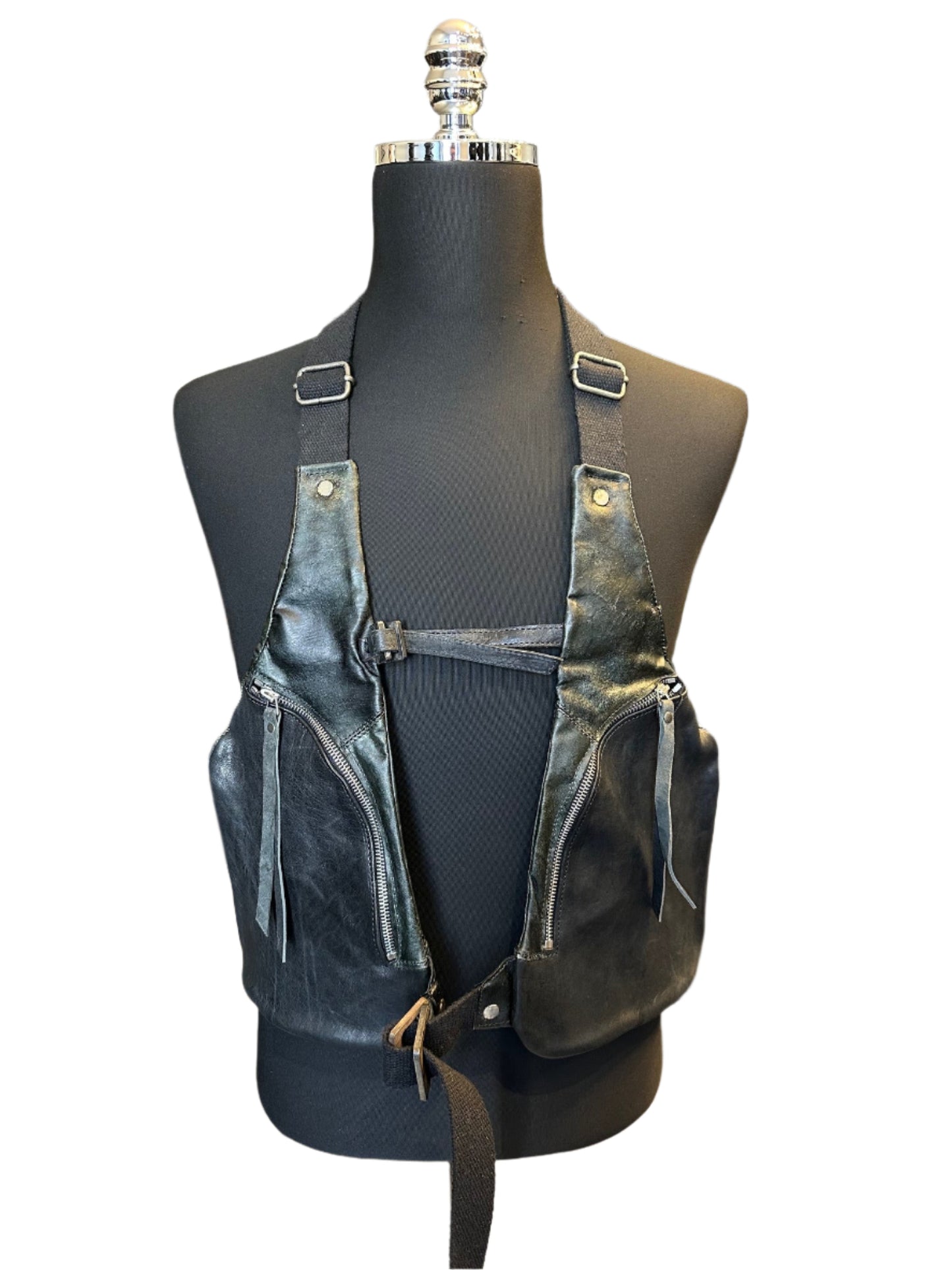 Black Green Vegetable Tan Leather Vest Bag