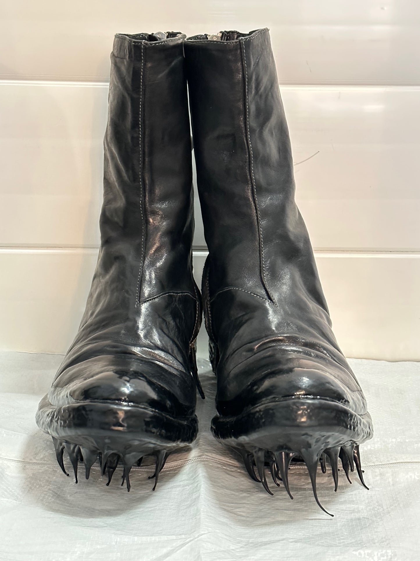 Black Object Dyed Lined Diagonal Zip Rubber Drip Goodyear Boots by Carol Christian Poell