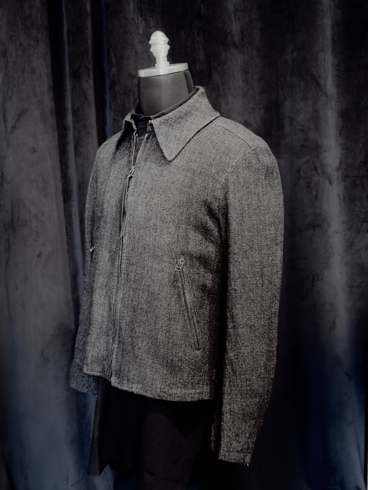Grey Linen Wool Military Zip-Up Collar Jacket