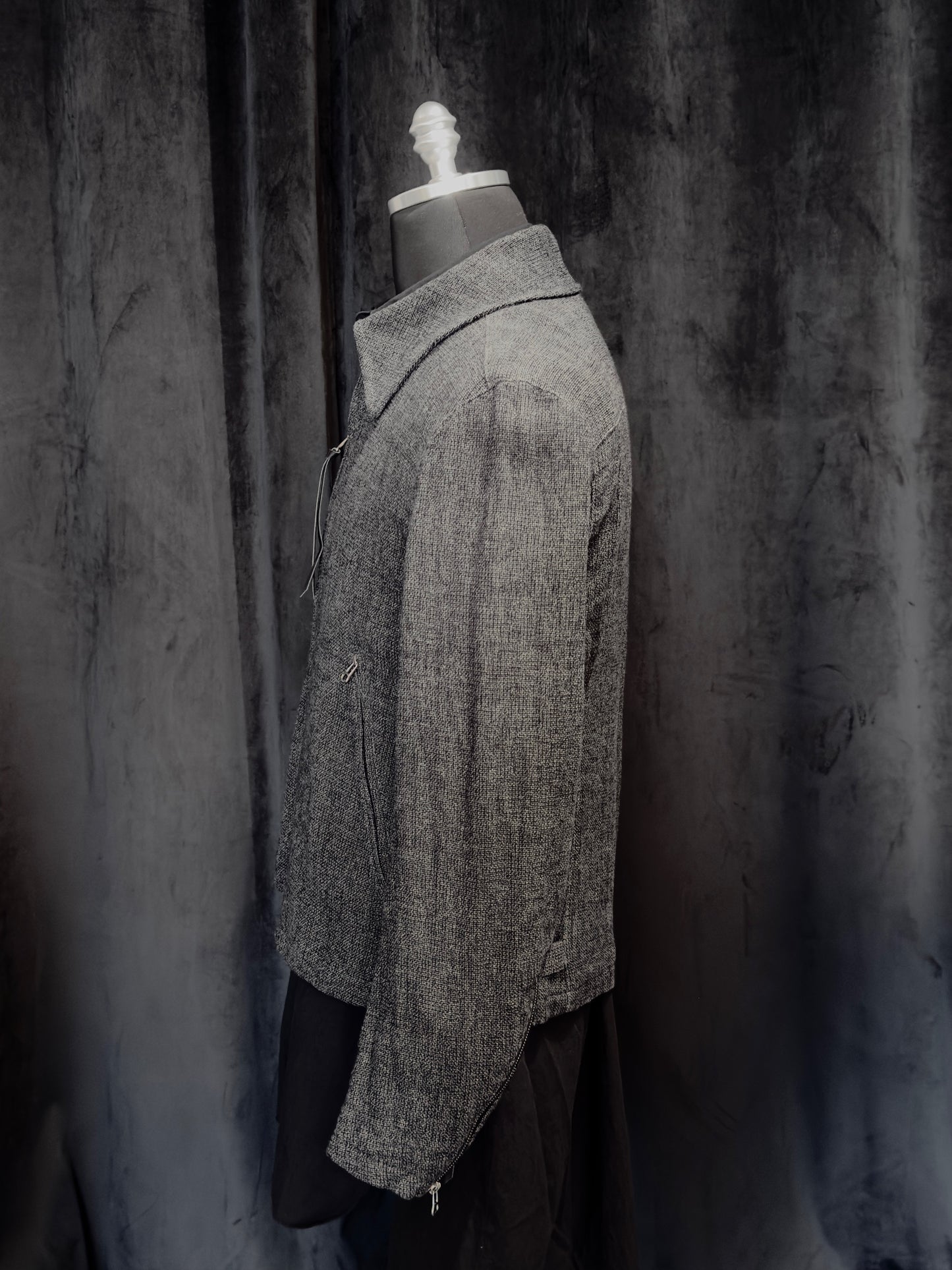 Grey Linen Wool Military Zip-Up Collar Jacket