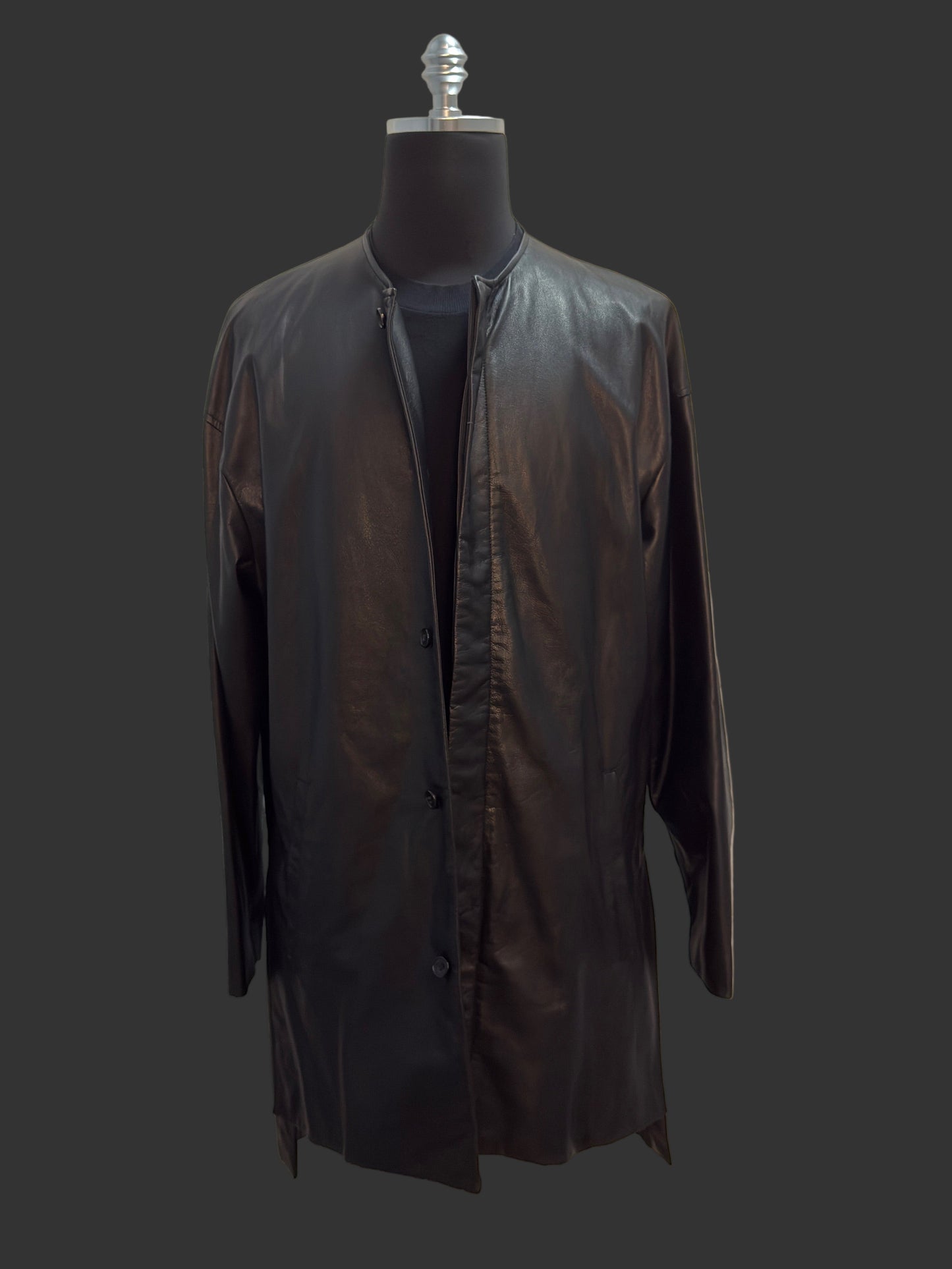 Black Japanese Steer Leather Collarless Car Coat